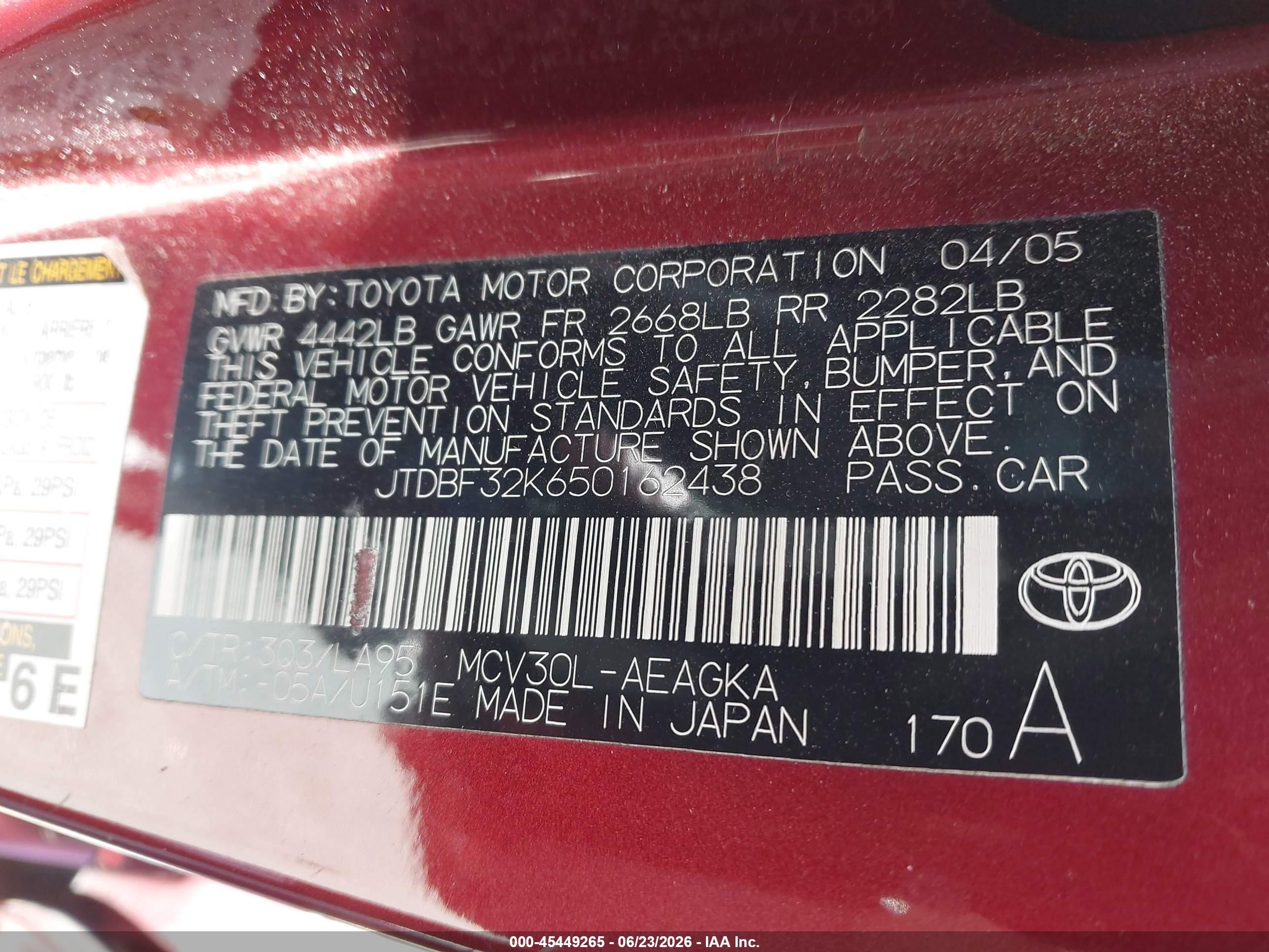 2005 Toyota Camry Xle V6 Red vin: JTDBF32K650162438