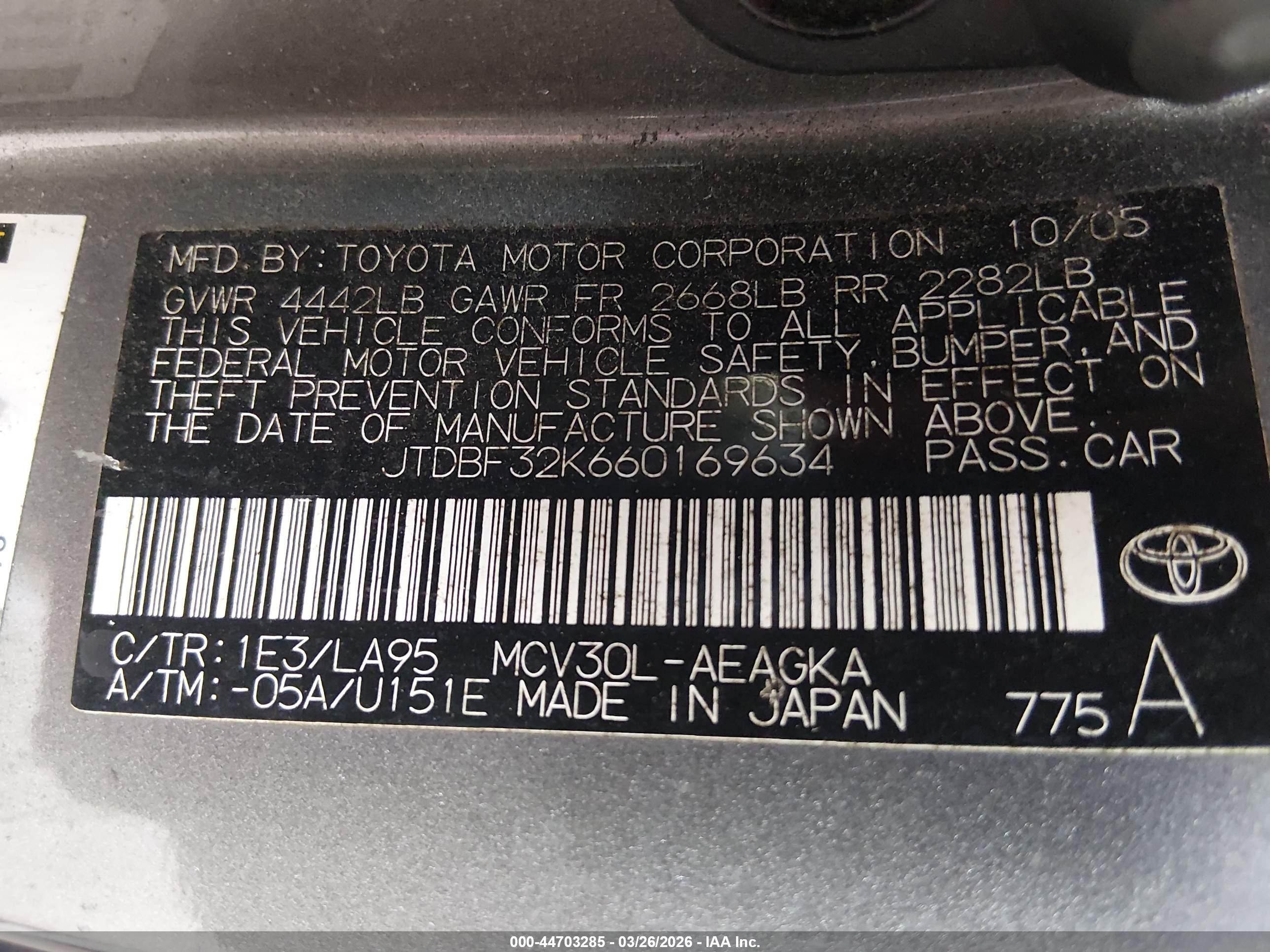 2006 Toyota Camry Xle V6 Gray vin: JTDBF32K660169634