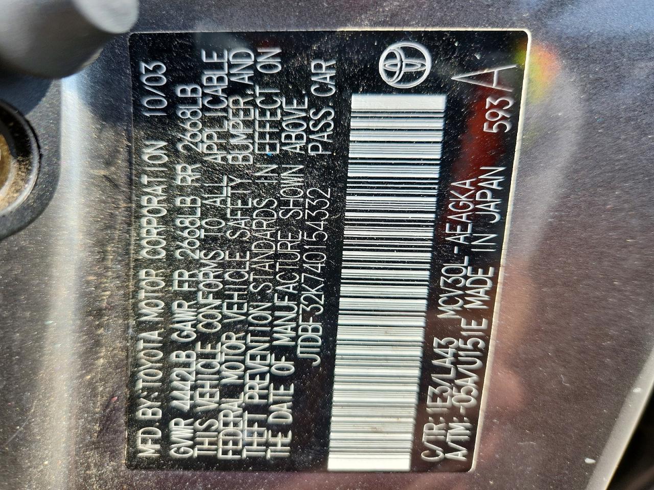 2004 Toyota Camry Xle V6 Gray vin: JTDBF32K740154332