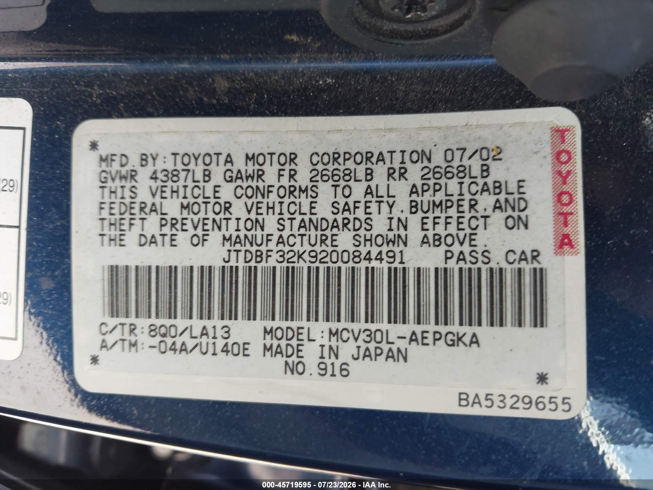 2002 Toyota Camry Xle Blue vin: JTDBF32K920084491