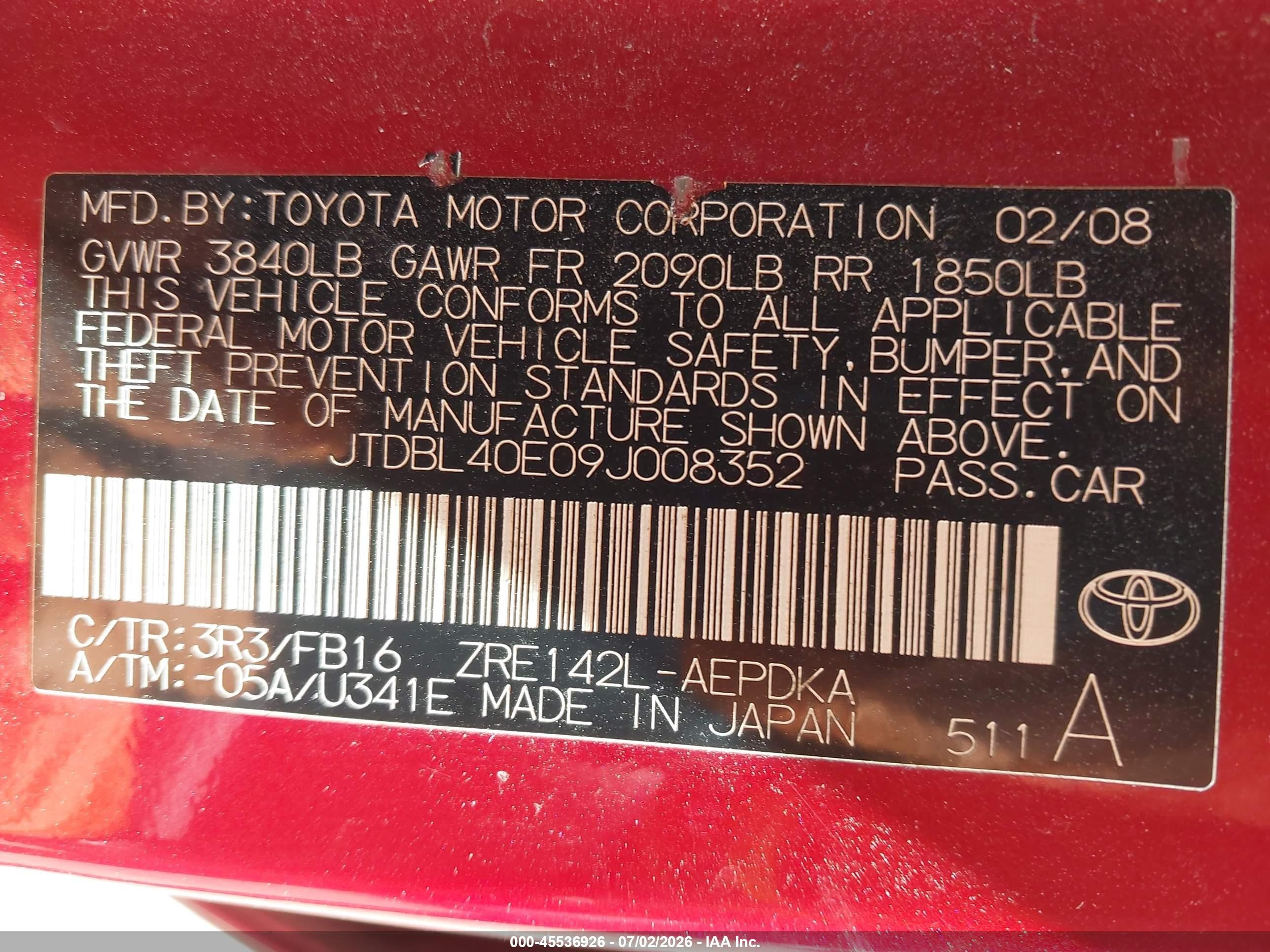 2009 Toyota Corolla Le Red vin: JTDBL40E09J008352