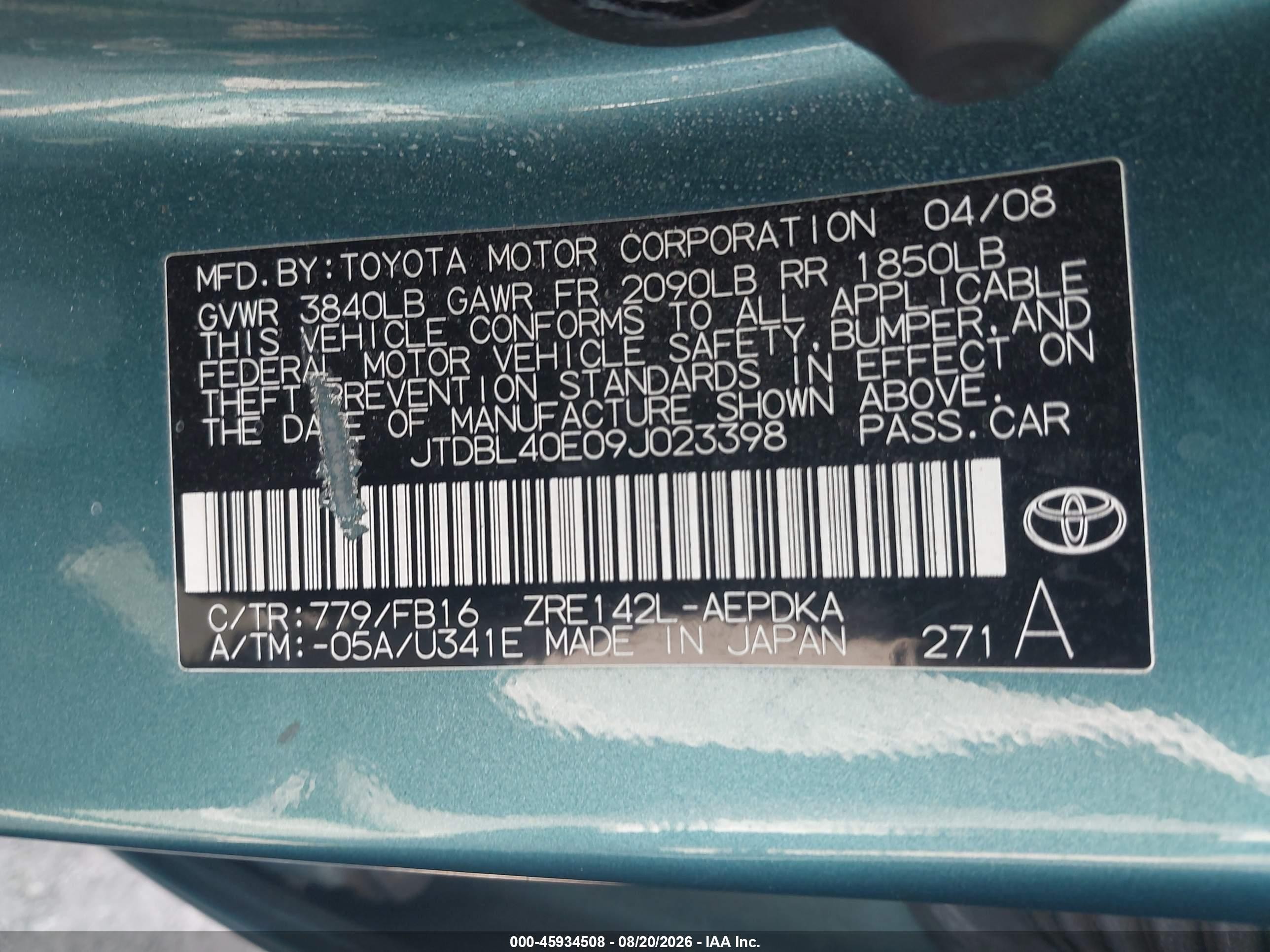 2009 Toyota Corolla Le Бирюзовый vin: JTDBL40E09J023398