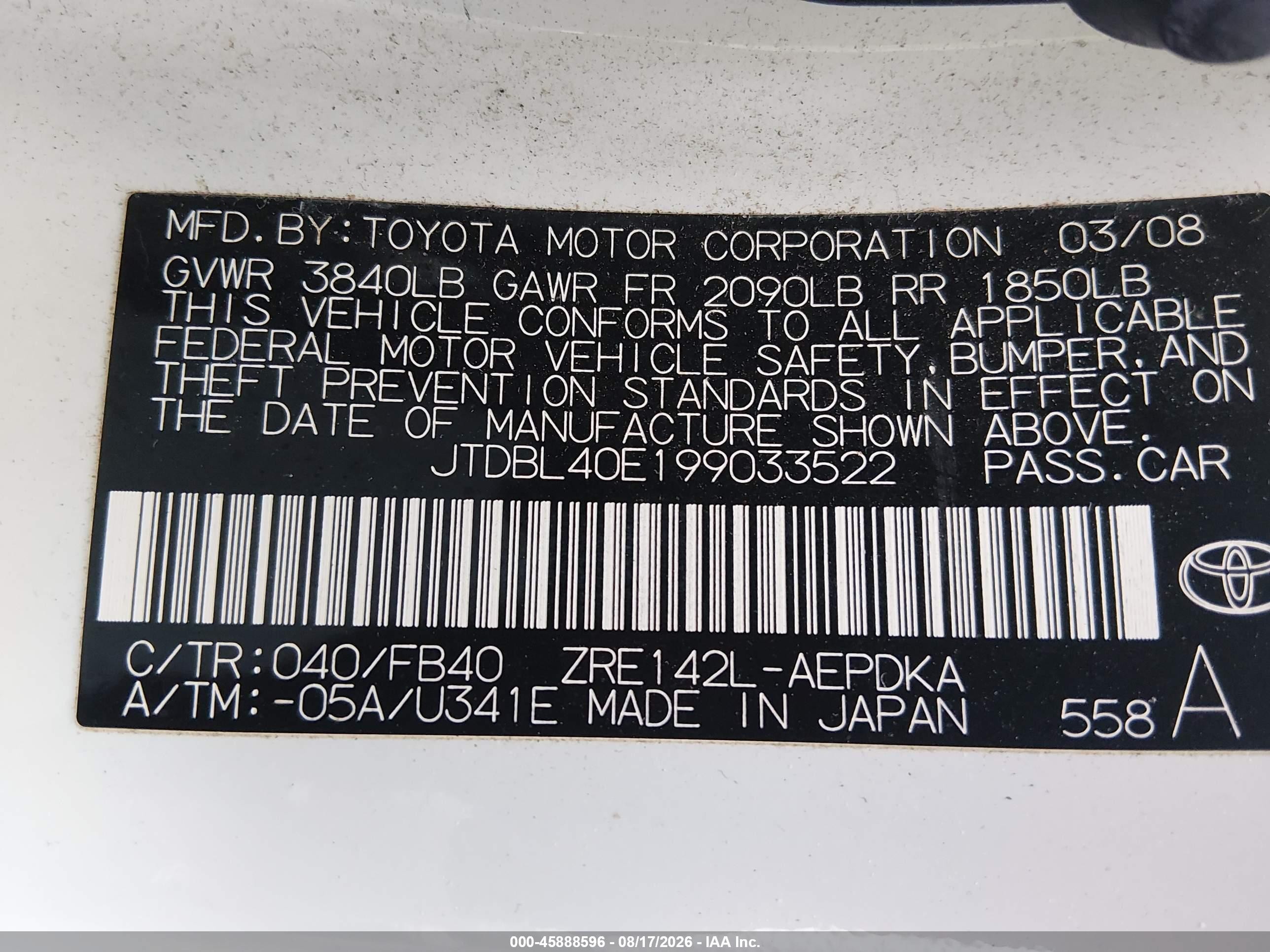 2009 Toyota Corolla Le Белый vin: JTDBL40E199033522