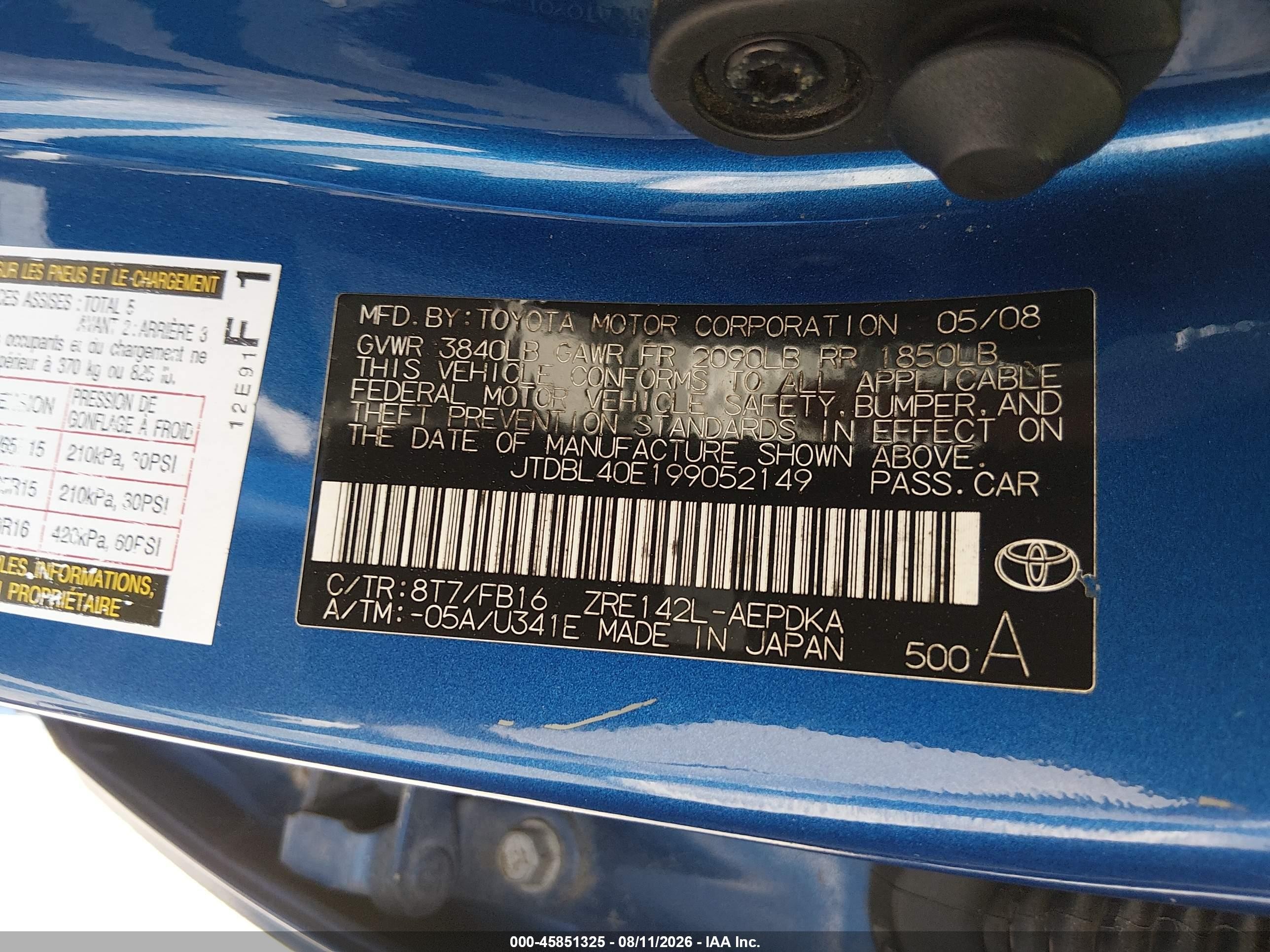 2009 Toyota Corolla Le Blue vin: JTDBL40E199052149