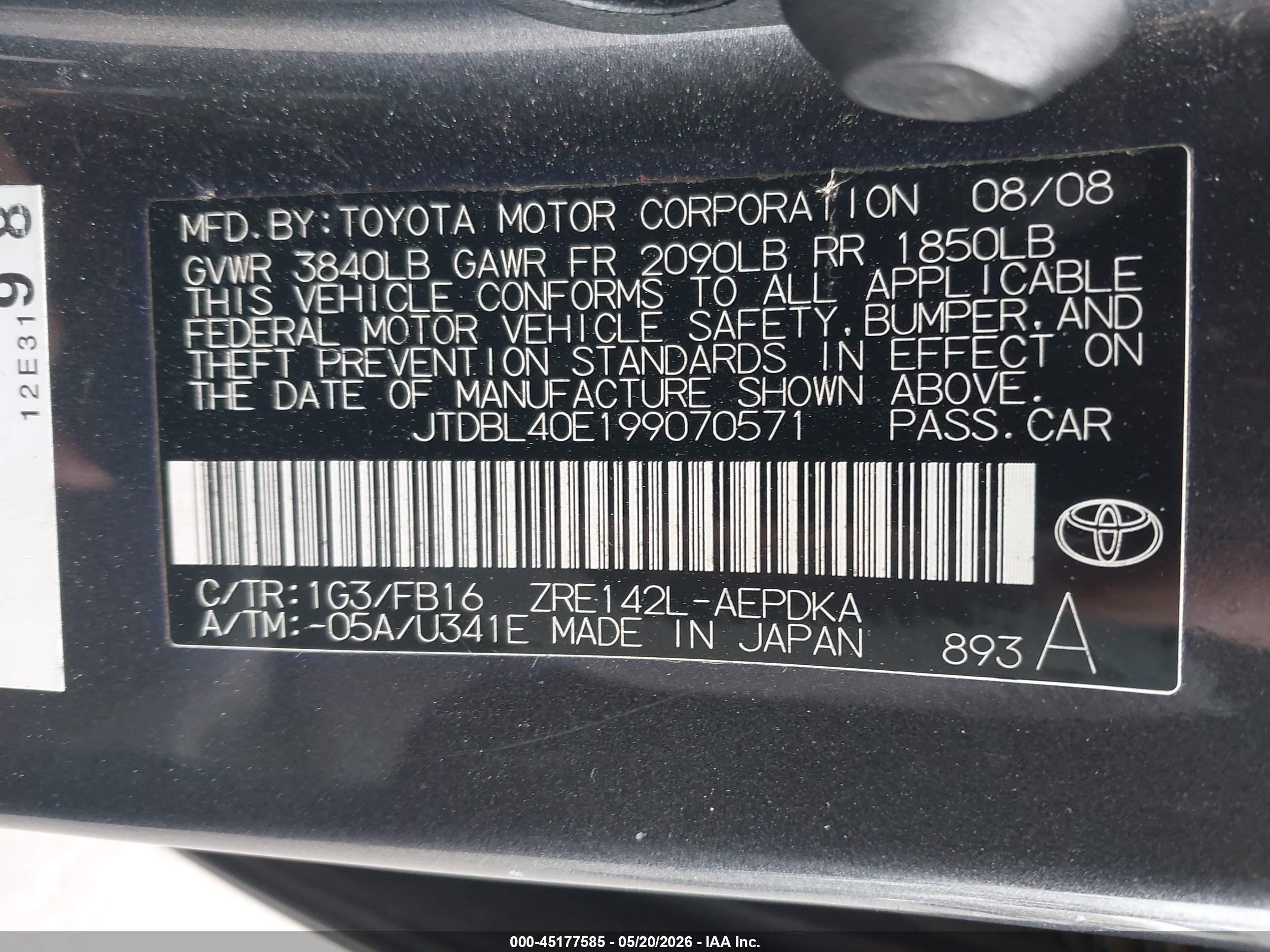 2009 Toyota Corolla Le Gray vin: JTDBL40E199070571