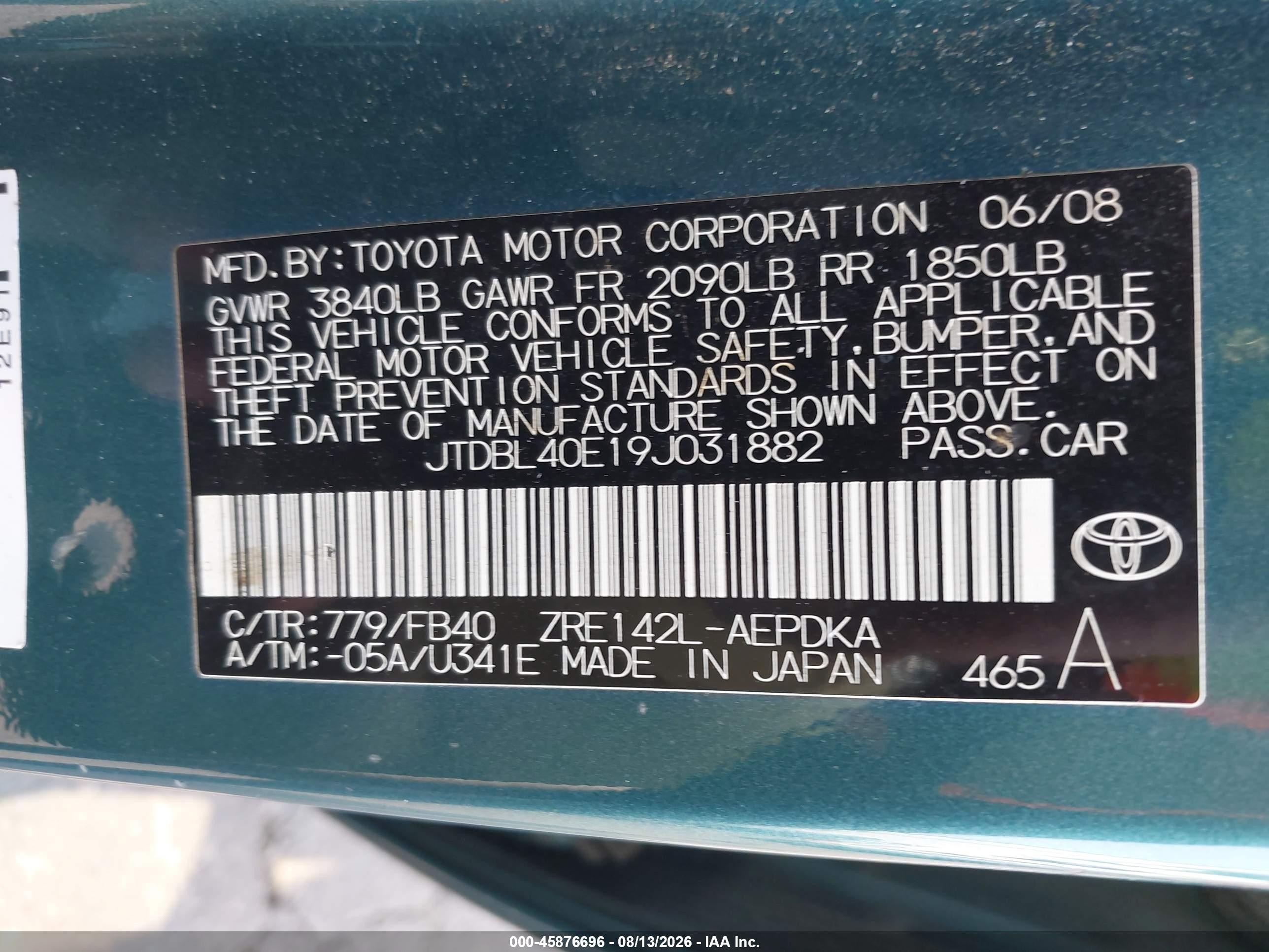 2009 Toyota Corolla Le Teal vin: JTDBL40E19J031882