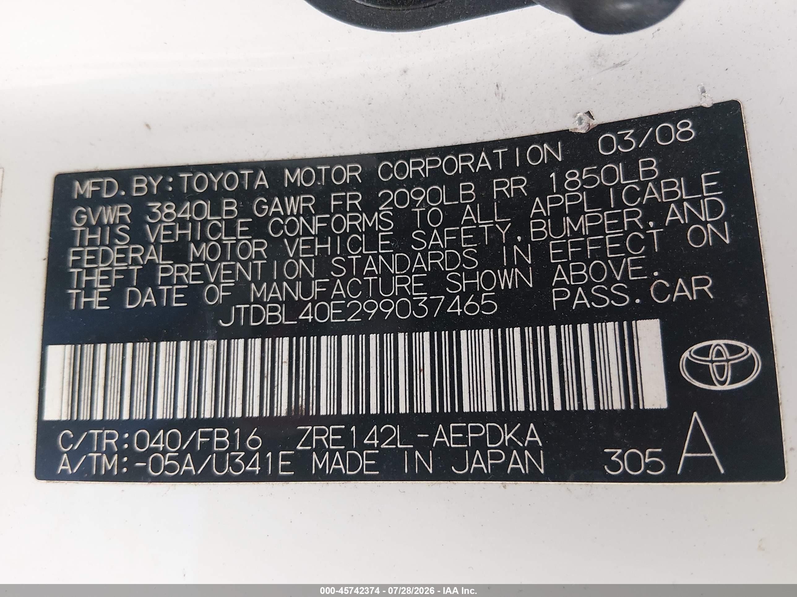 2009 Toyota Corolla Le White vin: JTDBL40E299037465