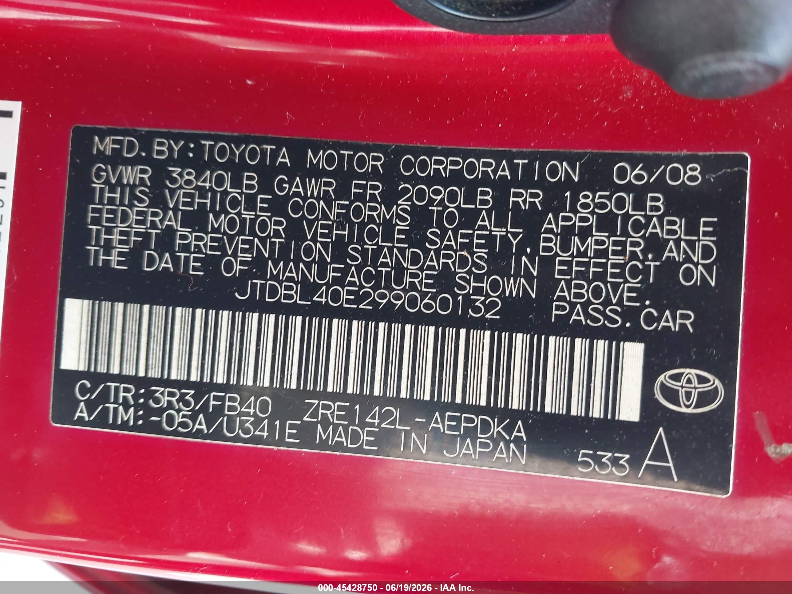 2009 Toyota Corolla Le Red vin: JTDBL40E299060132