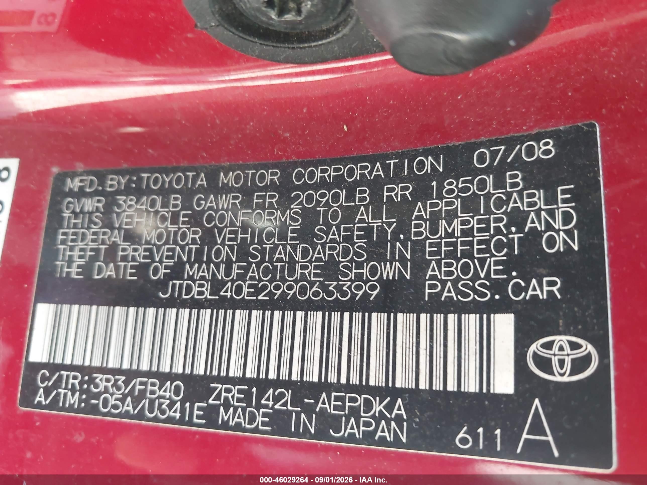 2009 Toyota Corolla Le Красный vin: JTDBL40E299063399