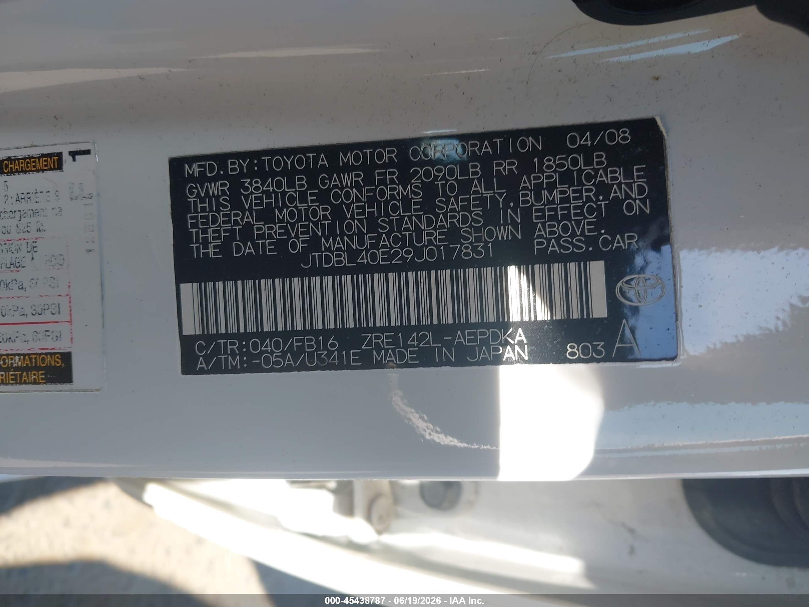 2009 Toyota Corolla Le Белый vin: JTDBL40E29J017831