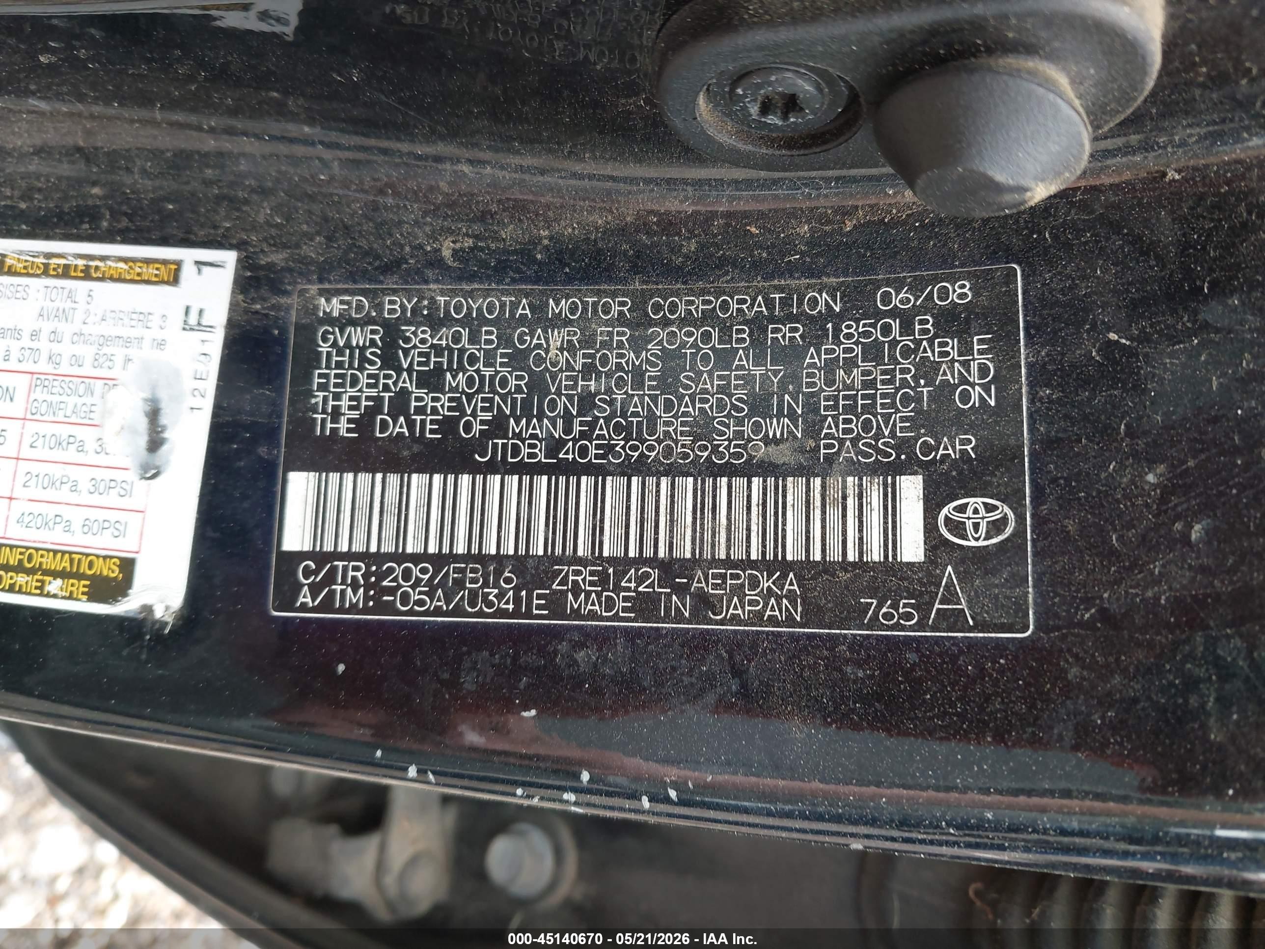 2009 Toyota Corolla Le Черный vin: JTDBL40E399059359