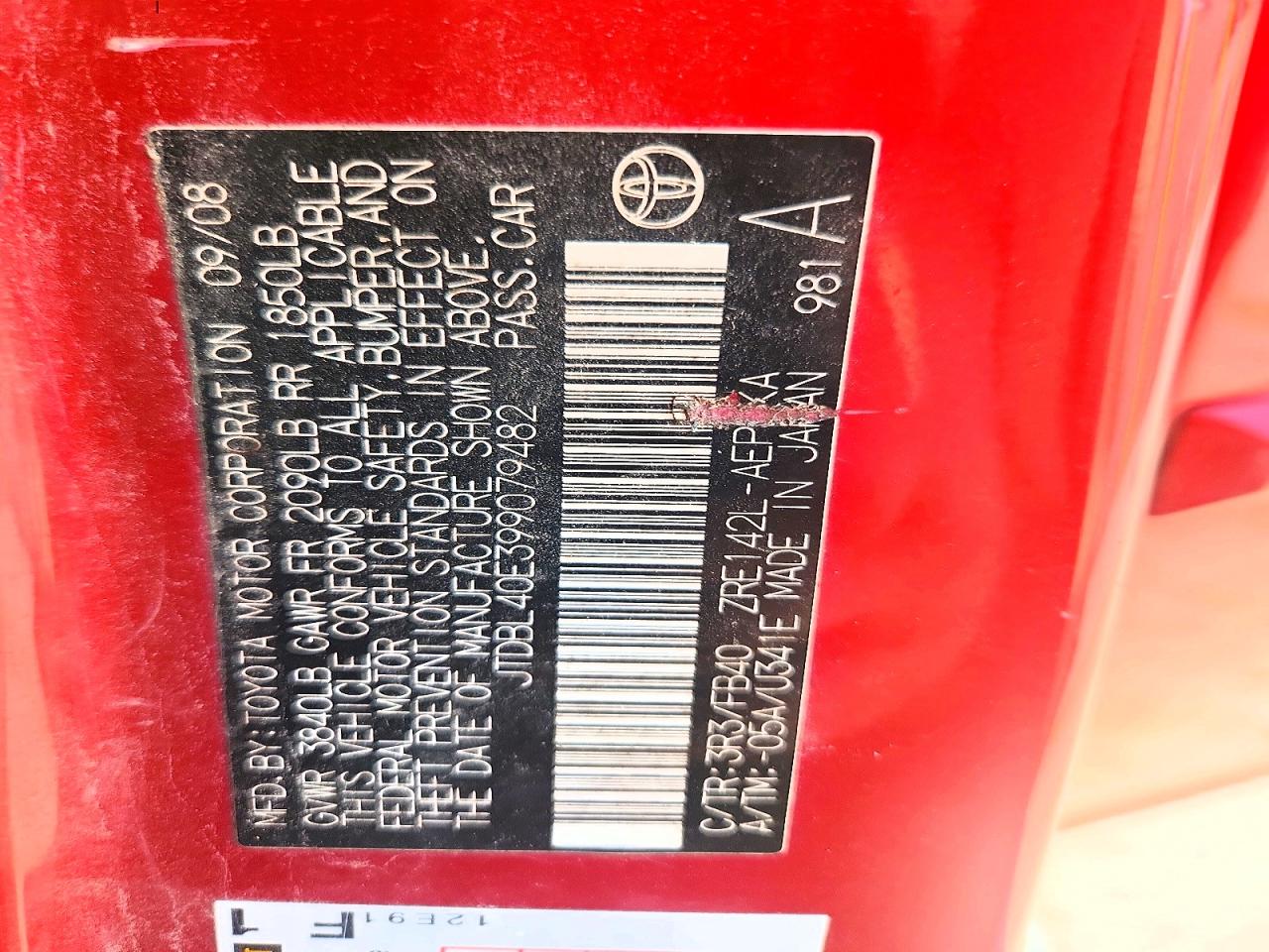 2009 Toyota Corolla Le Red vin: JTDBL40E399079482