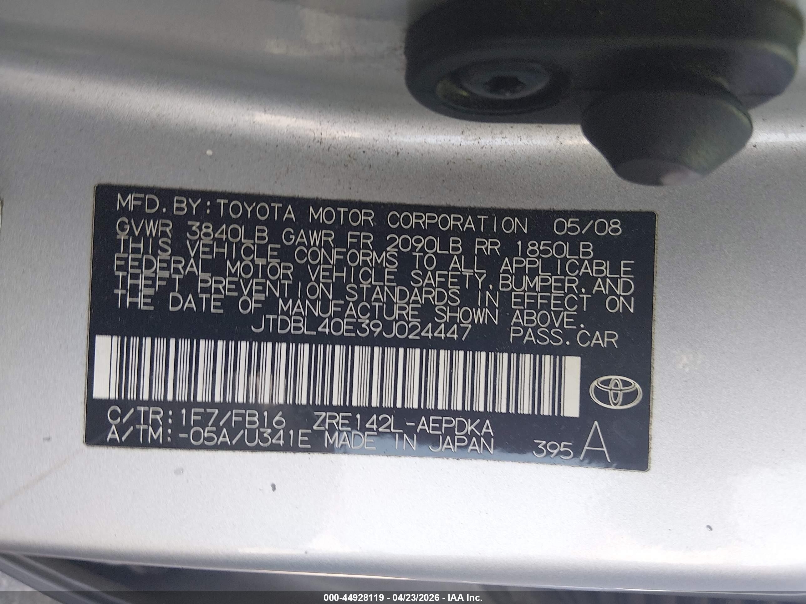 2009 Toyota Corolla Le Silver vin: JTDBL40E39J024447