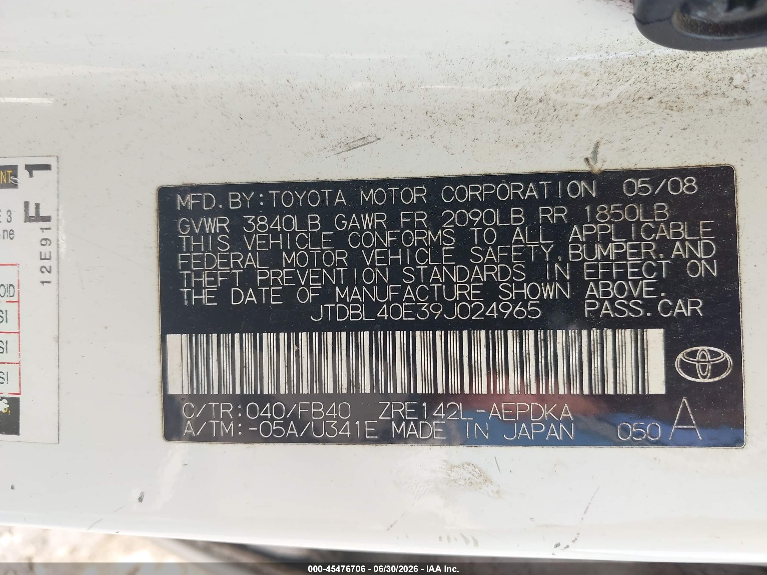 2009 Toyota Corolla Le White vin: JTDBL40E39J024965