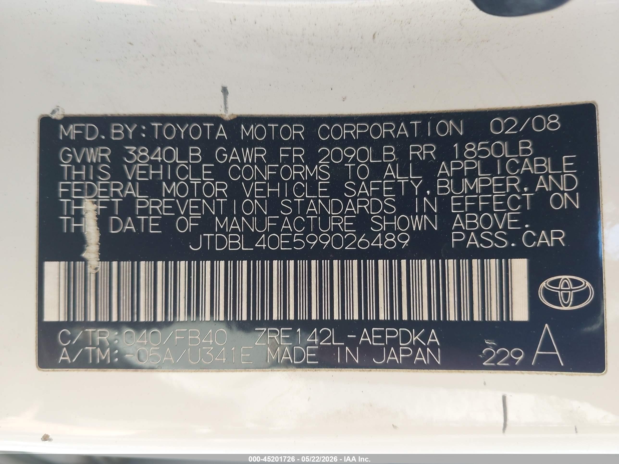 2009 Toyota Corolla Le Белый vin: JTDBL40E599026489