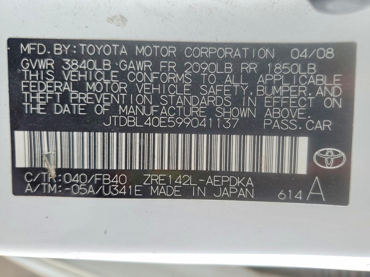 2009 Toyota Corolla Le White vin: JTDBL40E599041137