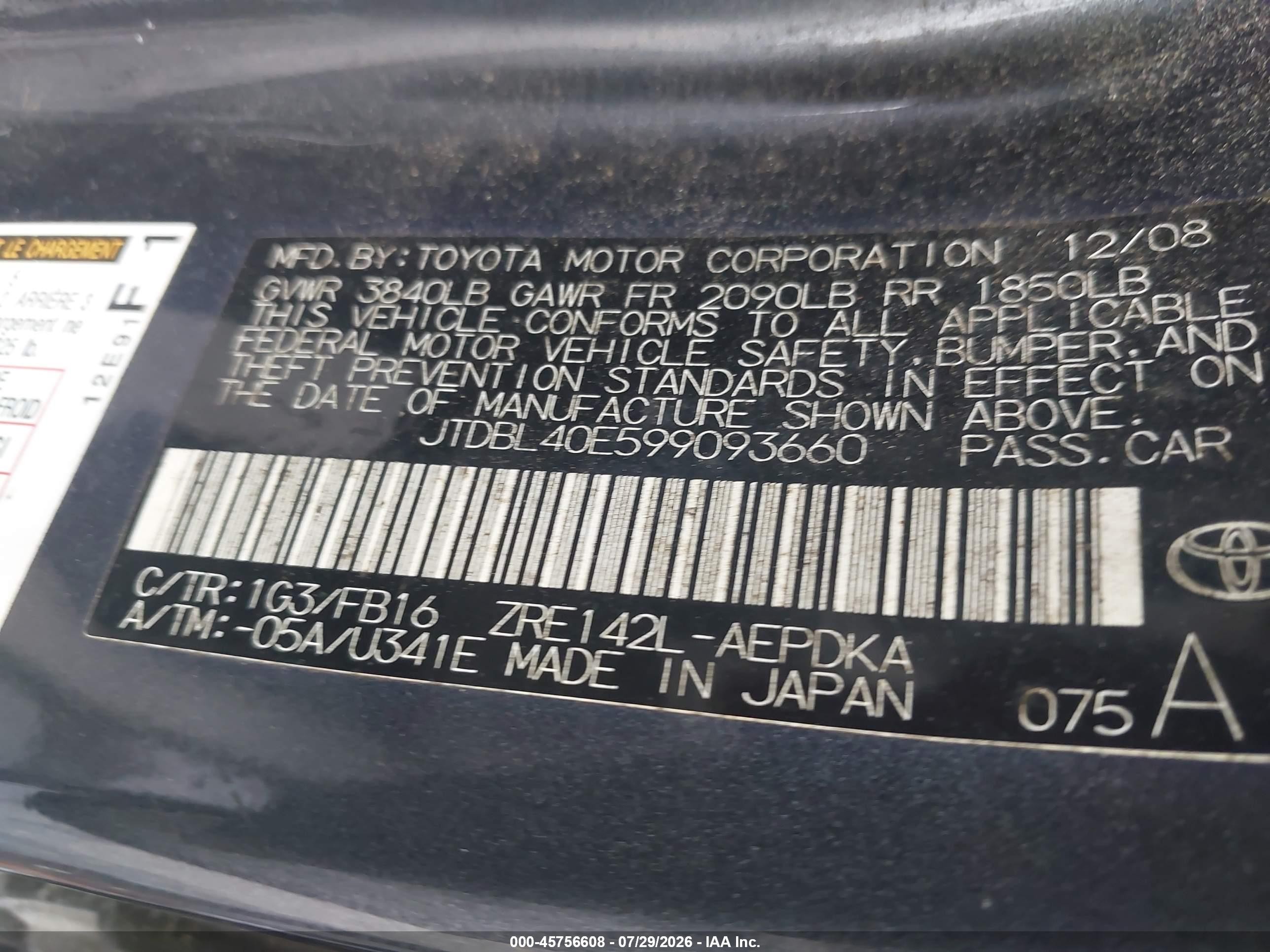 2009 Toyota Corolla Le Gray vin: JTDBL40E599093660