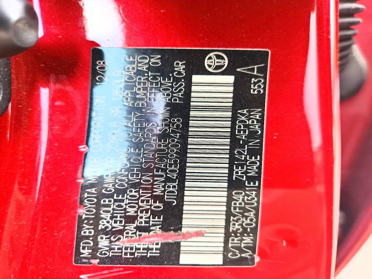 2009 Toyota Corolla Le Red vin: JTDBL40E599094758