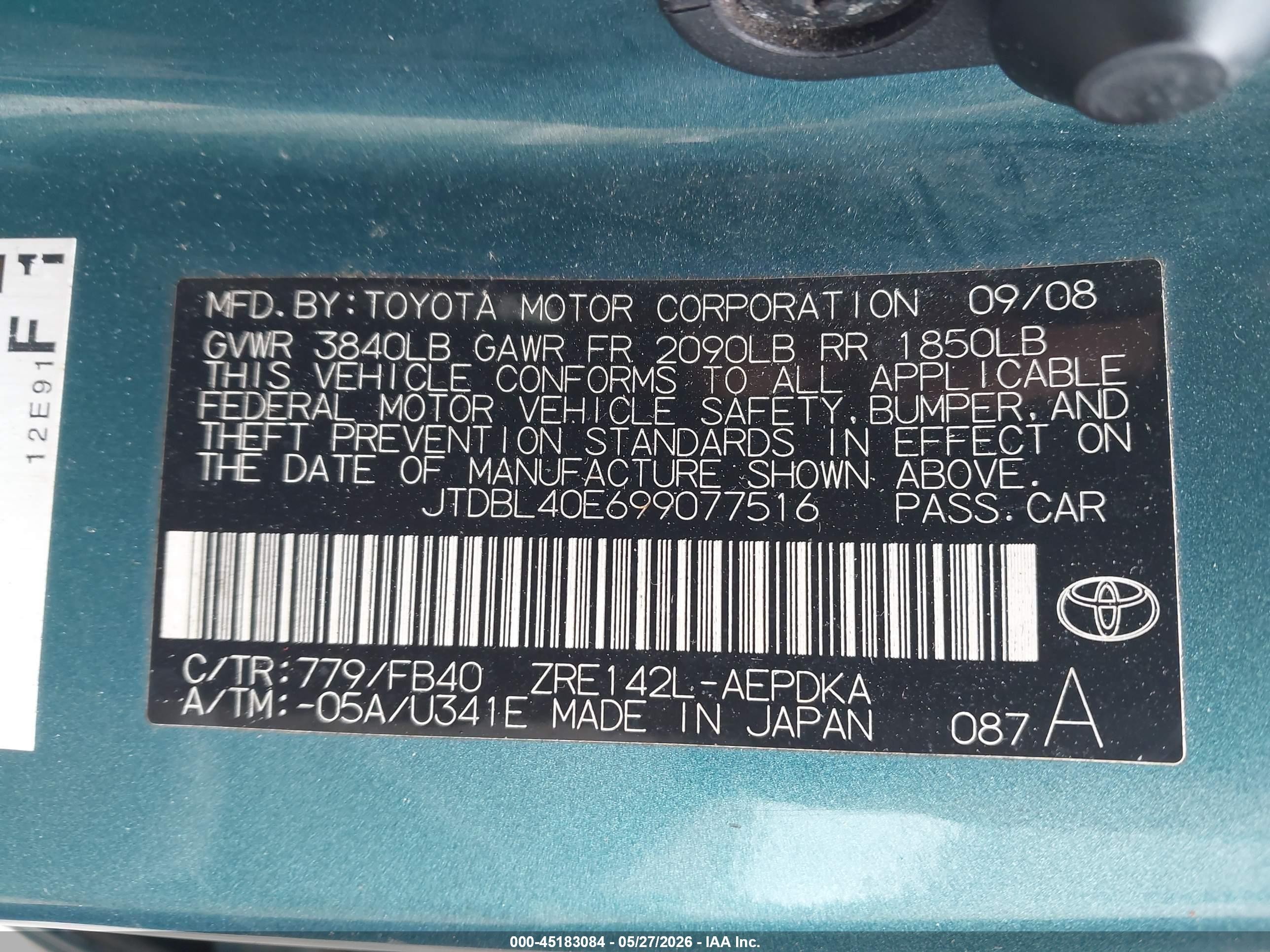 2009 Toyota Corolla Le Green vin: JTDBL40E699077516