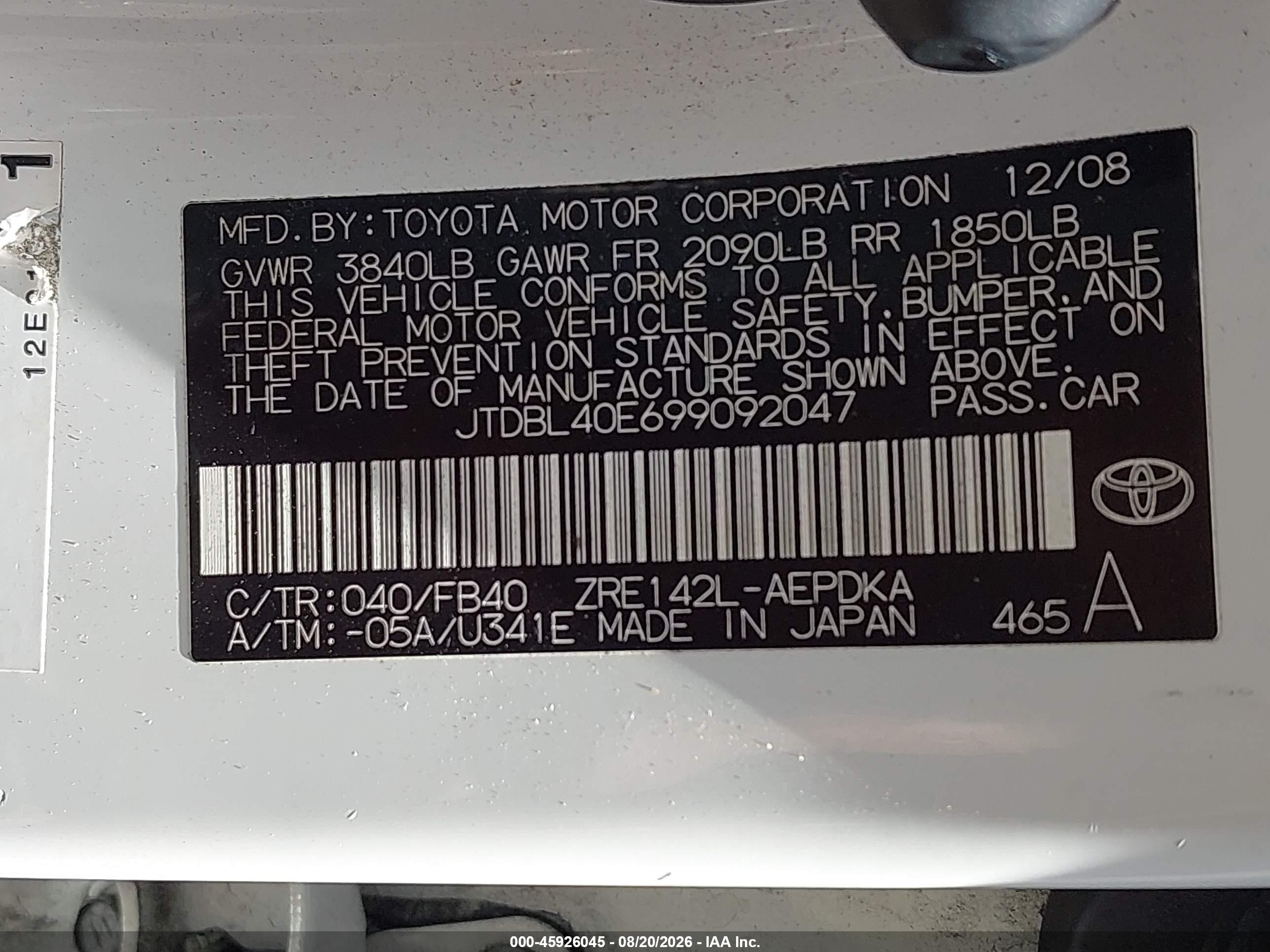 2009 Toyota Corolla Le White vin: JTDBL40E699092047