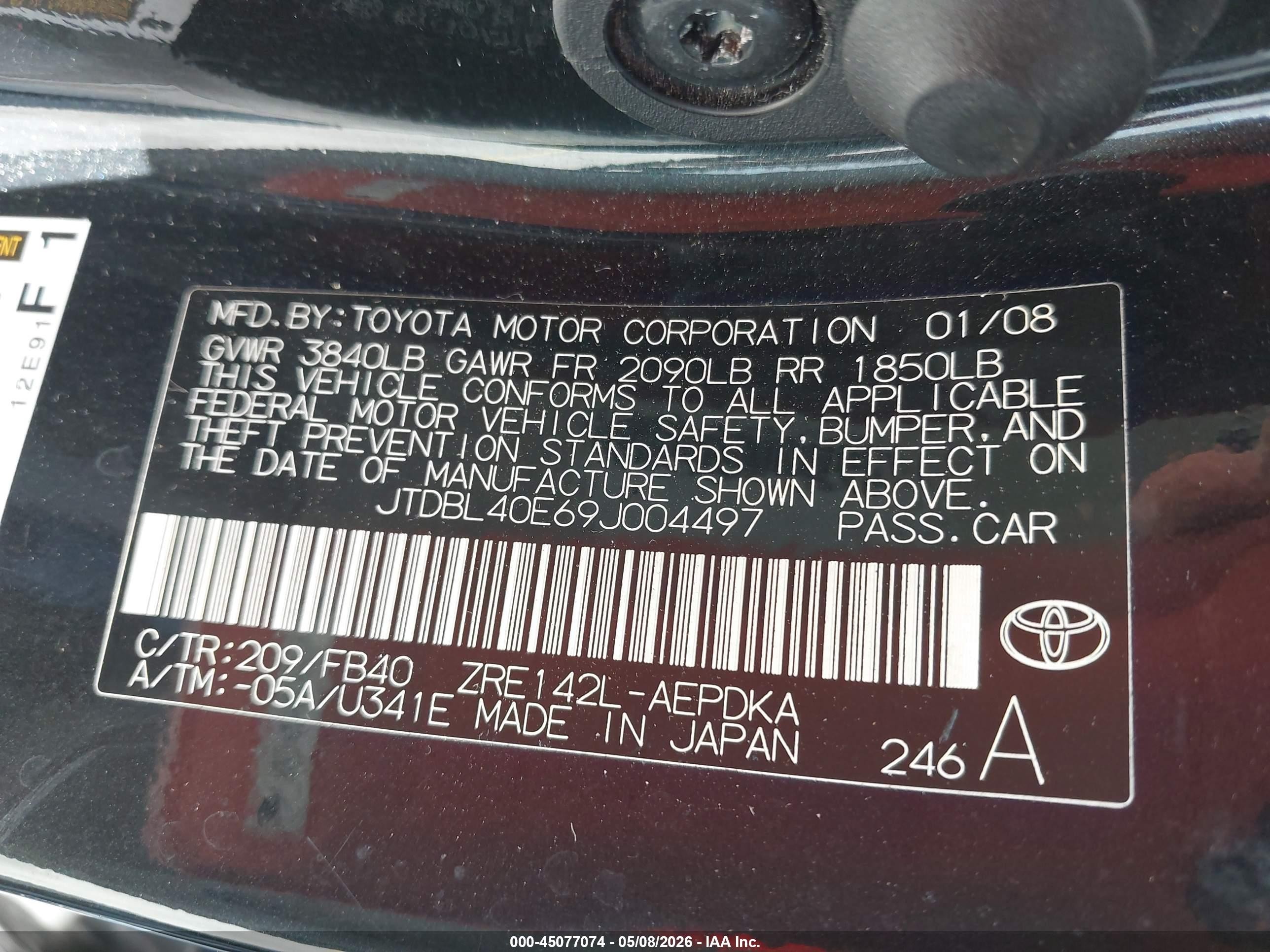 2009 Toyota Corolla   Black vin: JTDBL40E69J004497