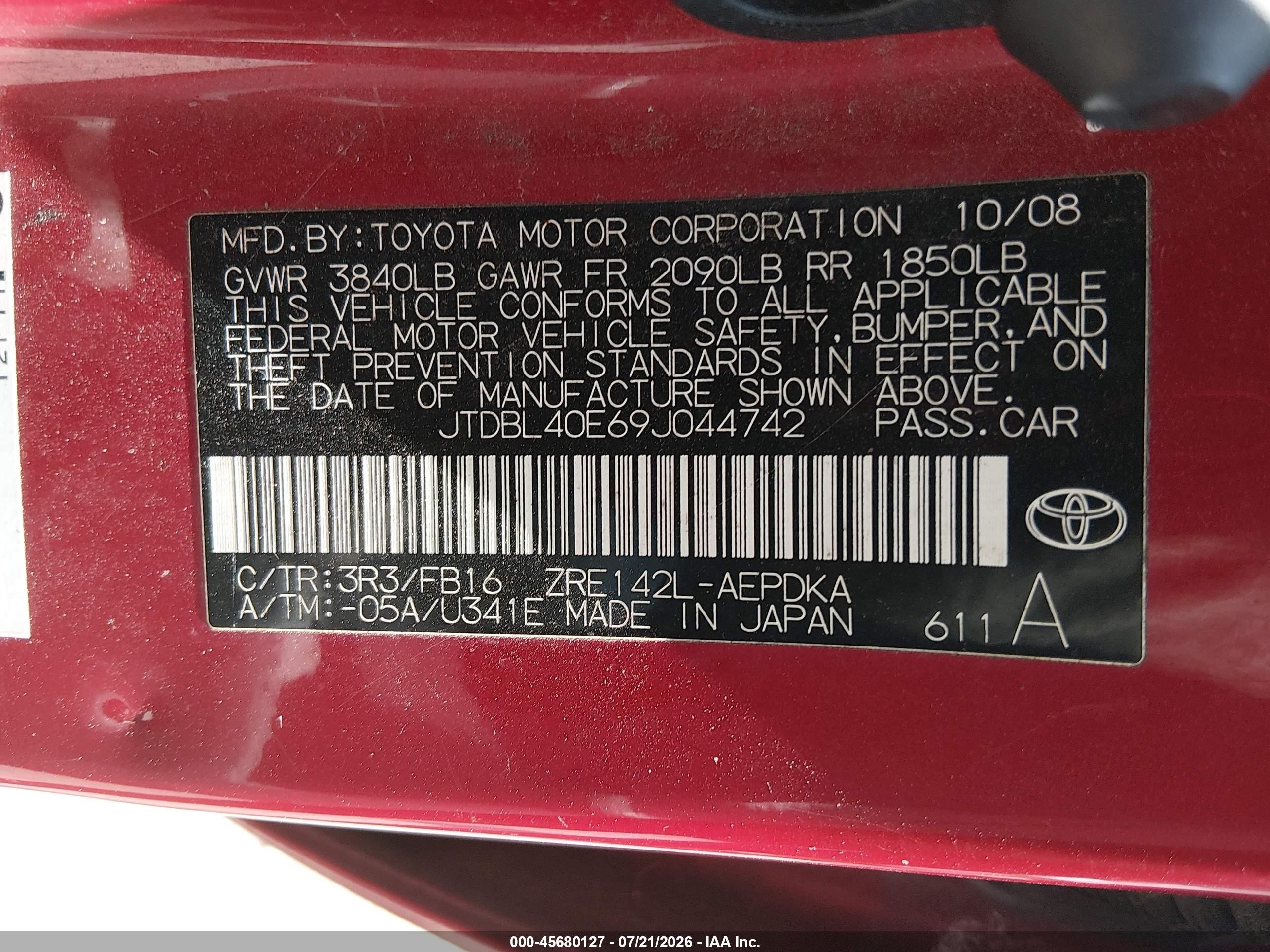 2009 Toyota Corolla Le Red vin: JTDBL40E69J044742