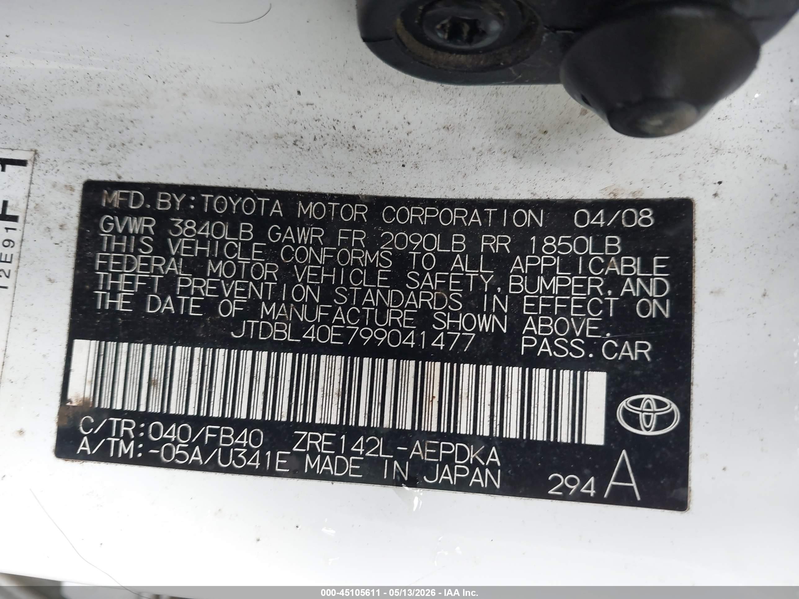 2009 Toyota Corolla Le White vin: JTDBL40E799041477