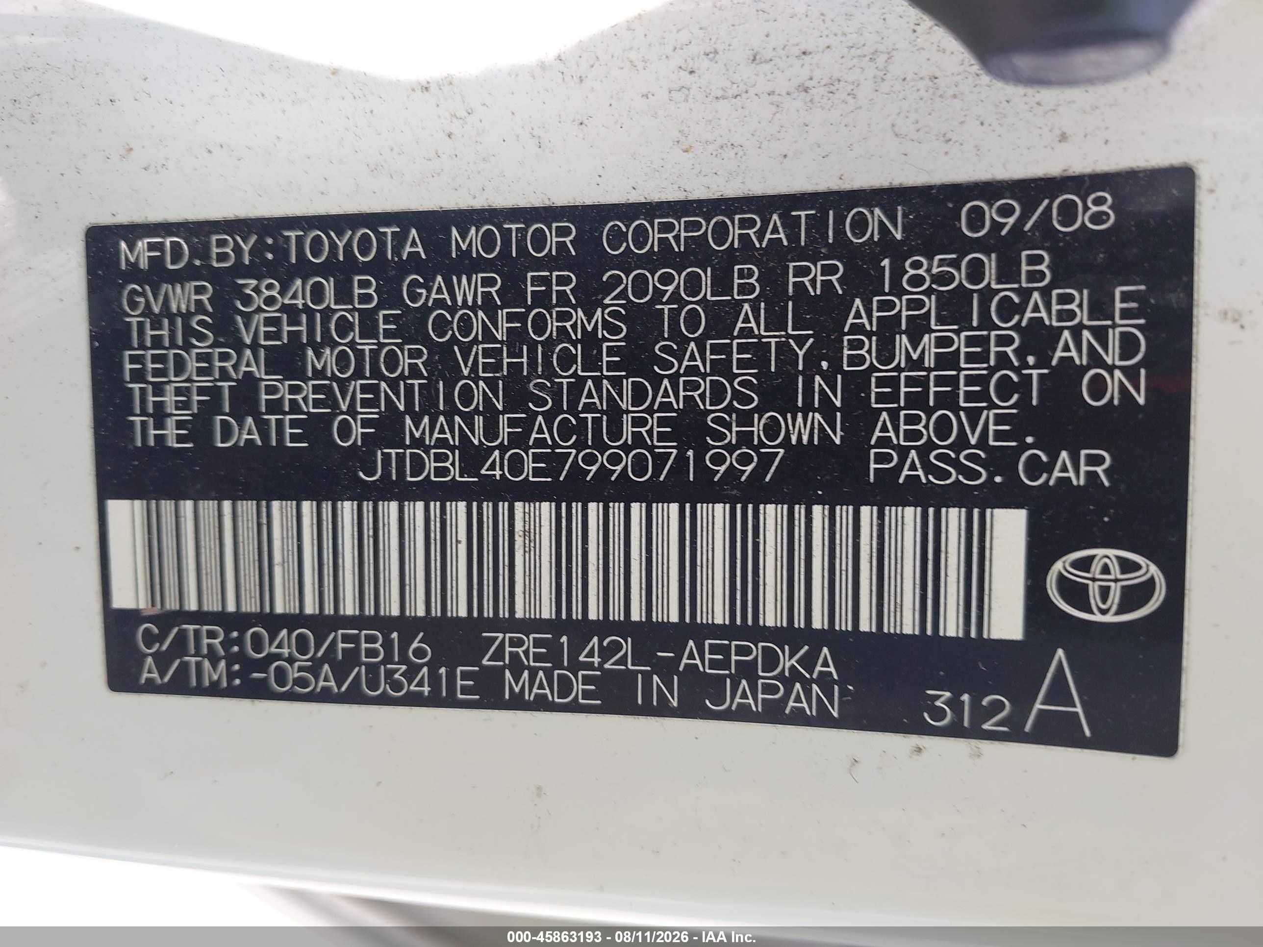 2009 Toyota Corolla Le Белый vin: JTDBL40E799071997