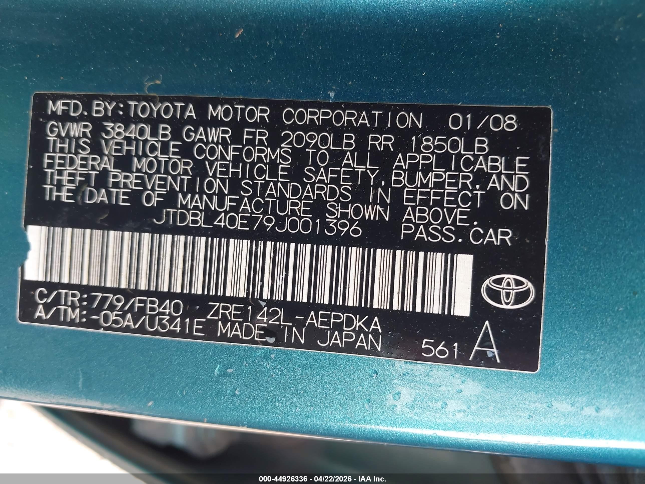 2009 Toyota Corolla Le Green vin: JTDBL40E79J001396