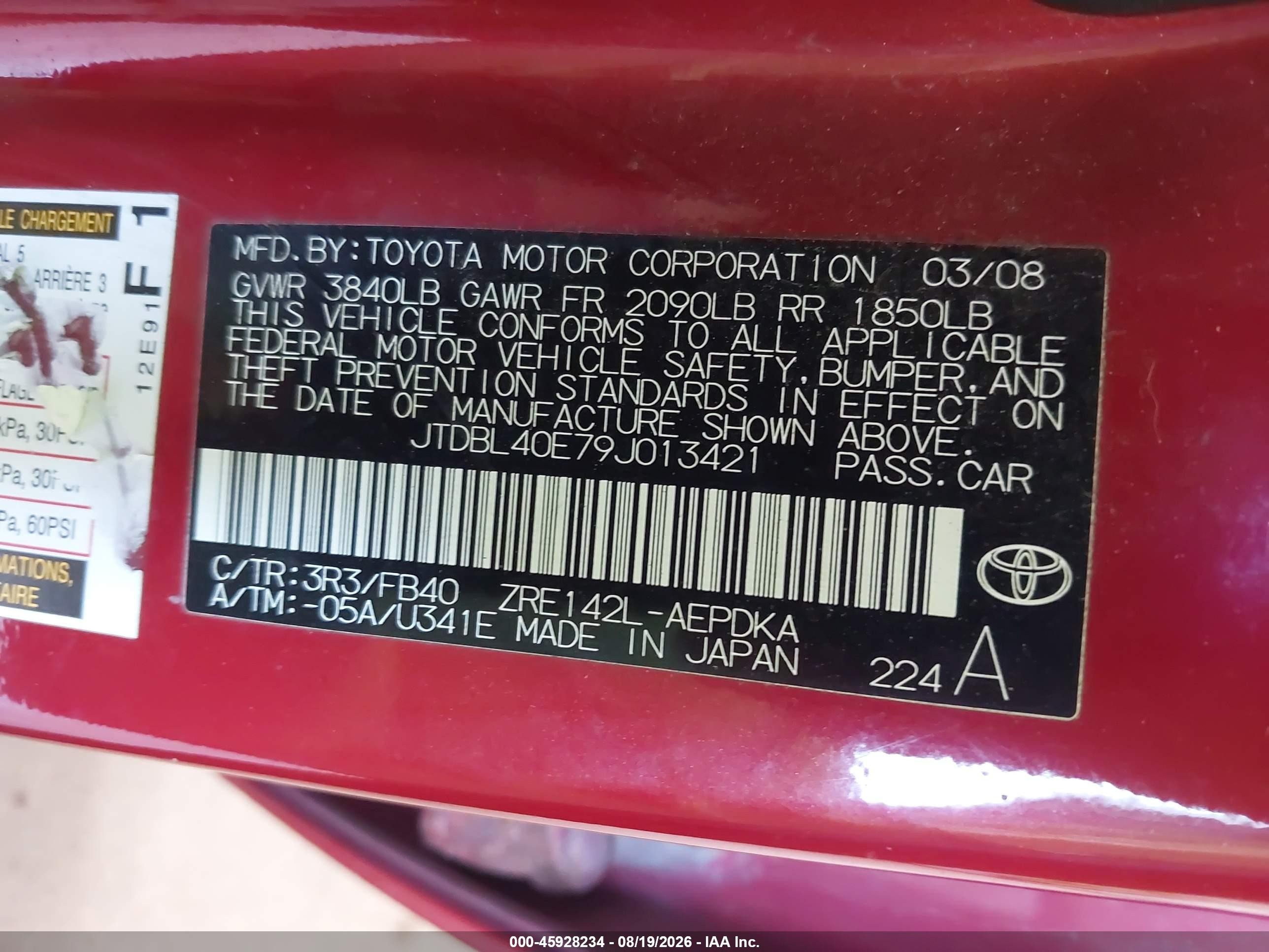 2009 Toyota Corolla   Red vin: JTDBL40E79J013421