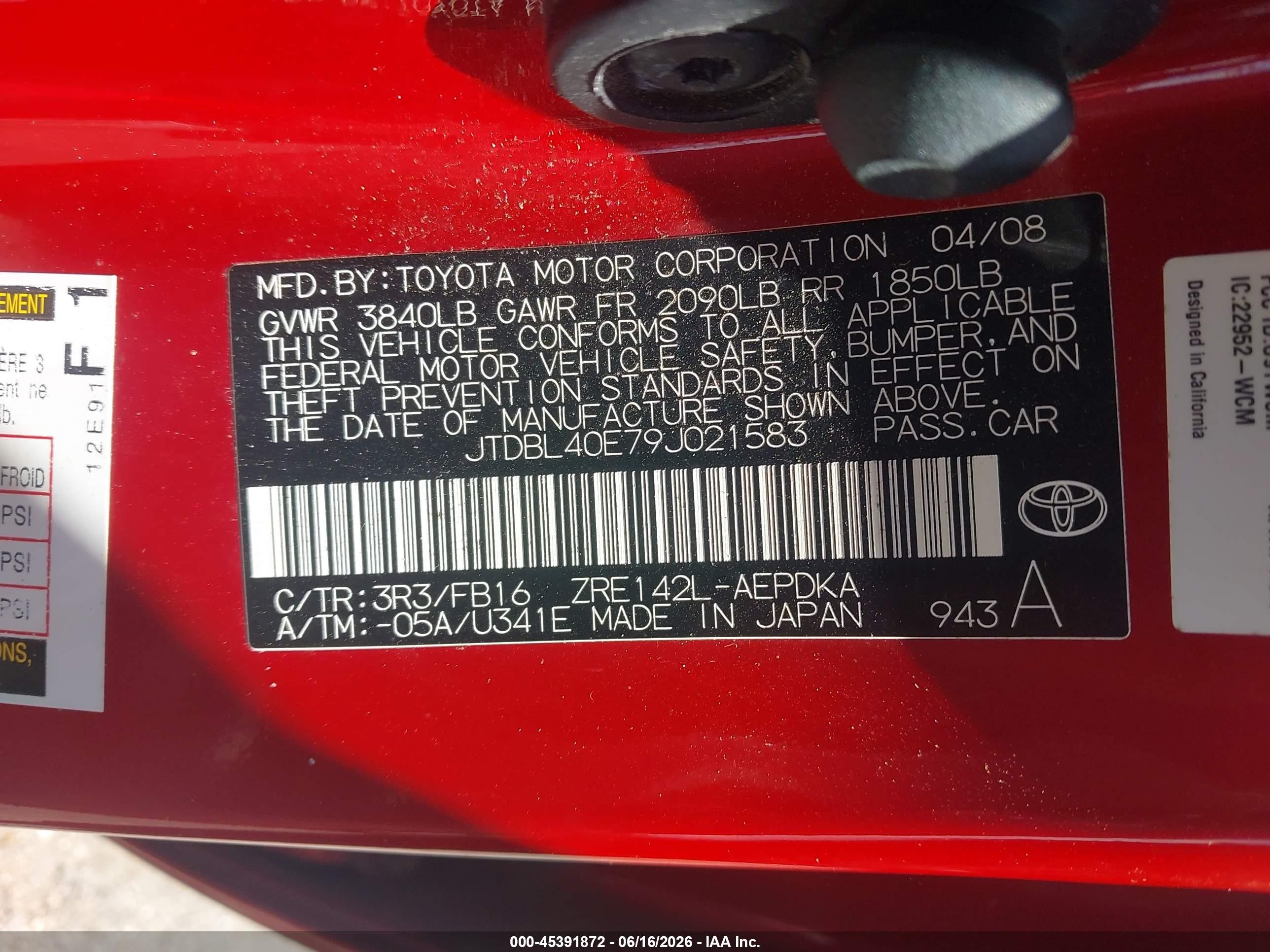 2009 Toyota Corolla   Red vin: JTDBL40E79J021583