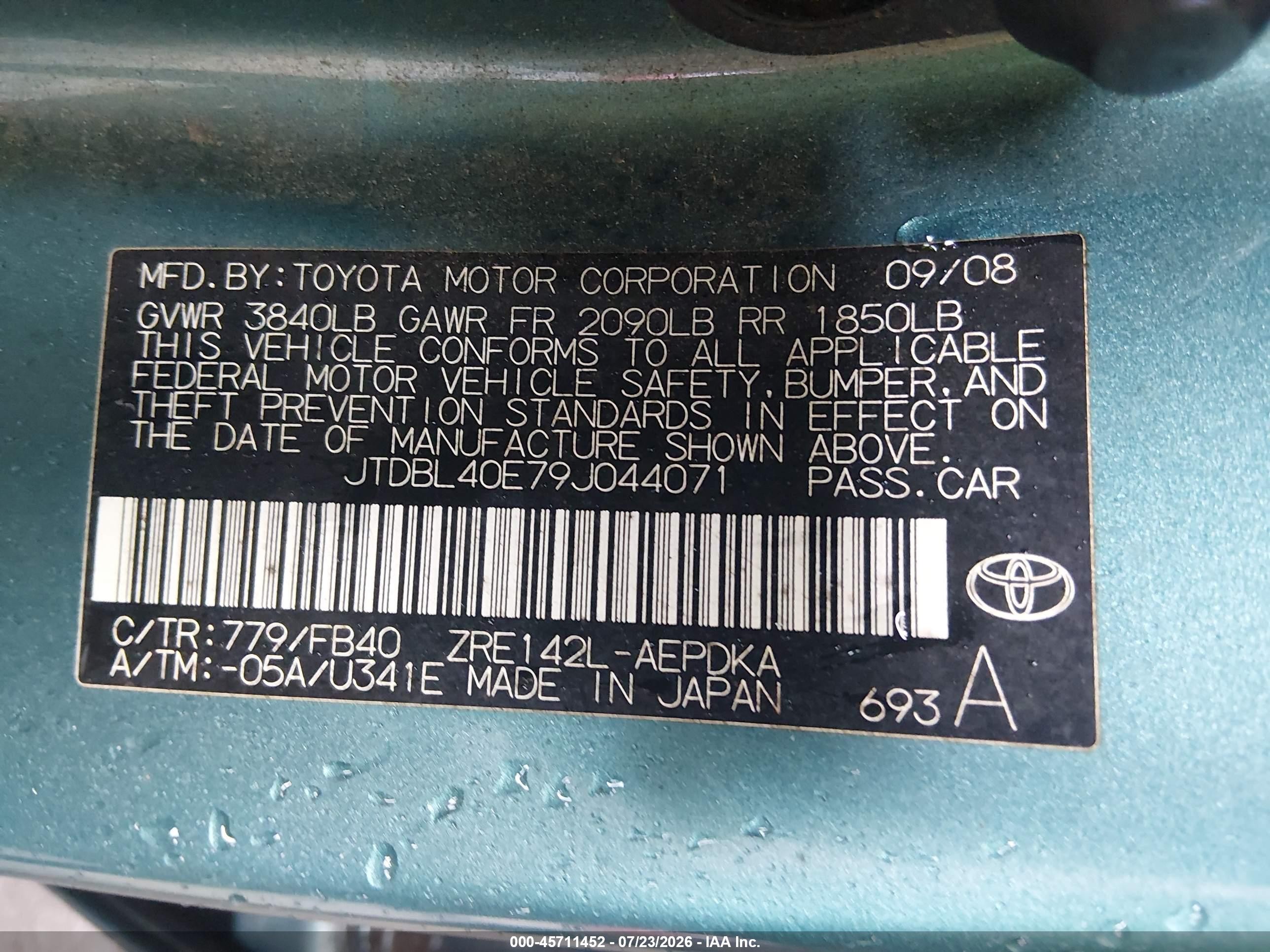2009 Toyota Corolla Le Green vin: JTDBL40E79J044071