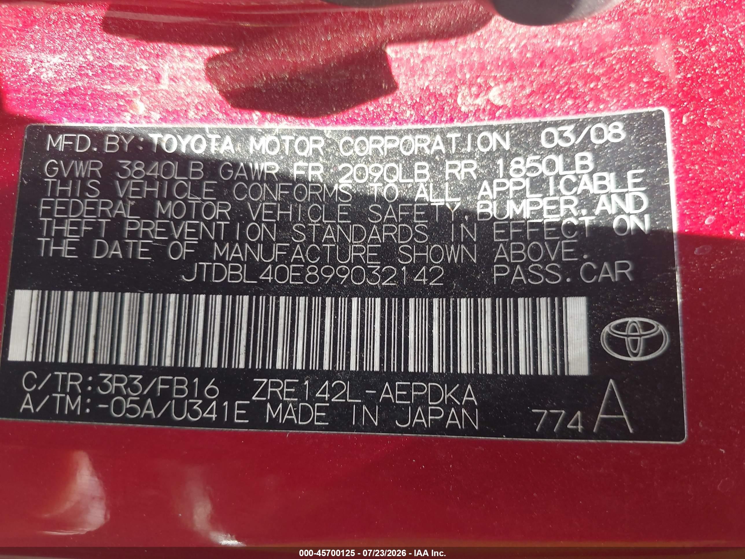 2009 Toyota Corolla Le Red vin: JTDBL40E899032142