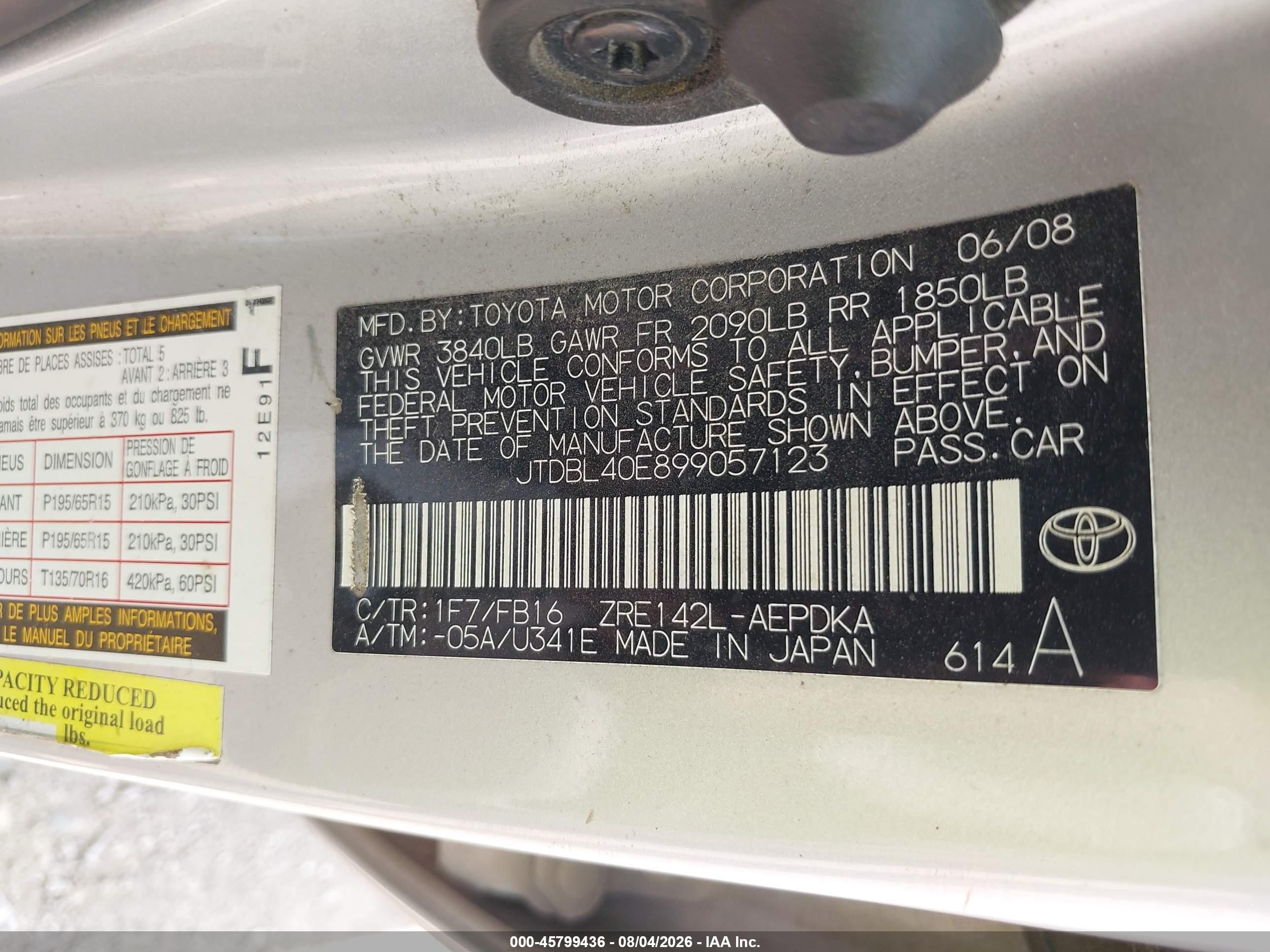 2009 Toyota Corolla Le Серебряный vin: JTDBL40E899057123