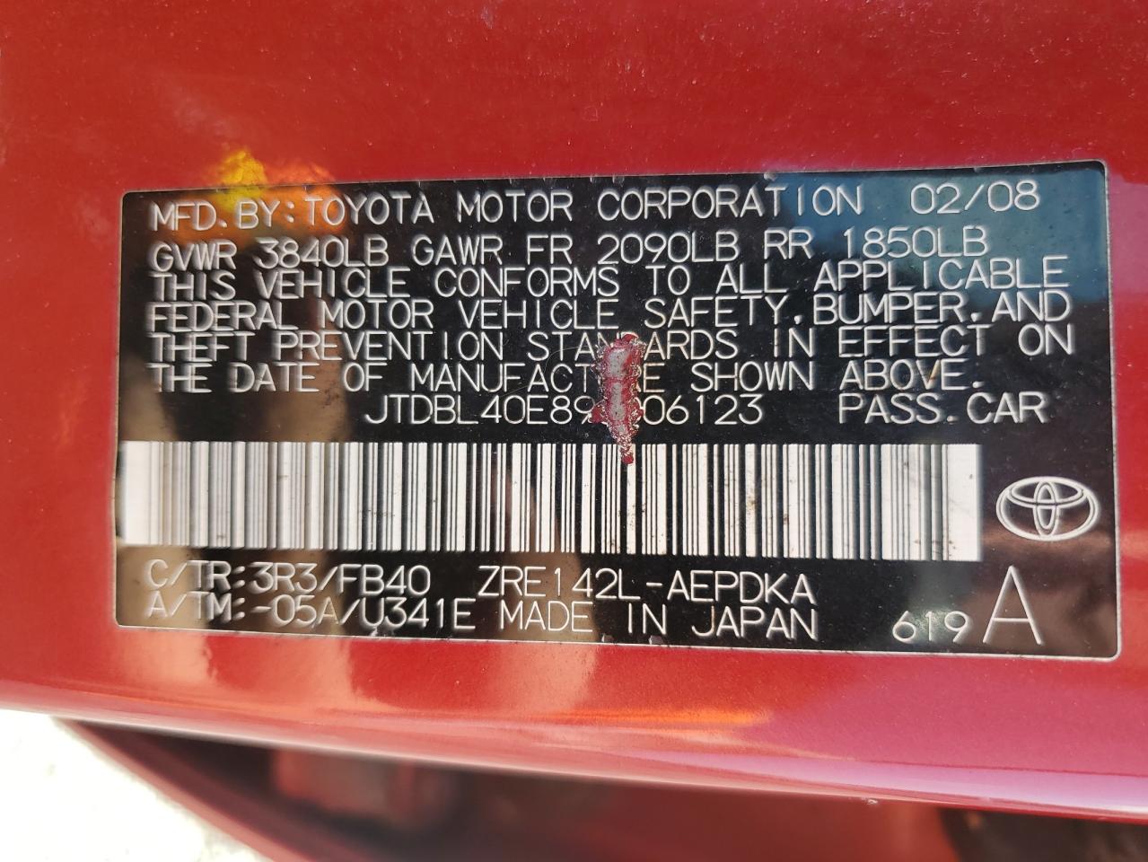 2009 Toyota Corolla Red vin: JTDBL40E89J006123