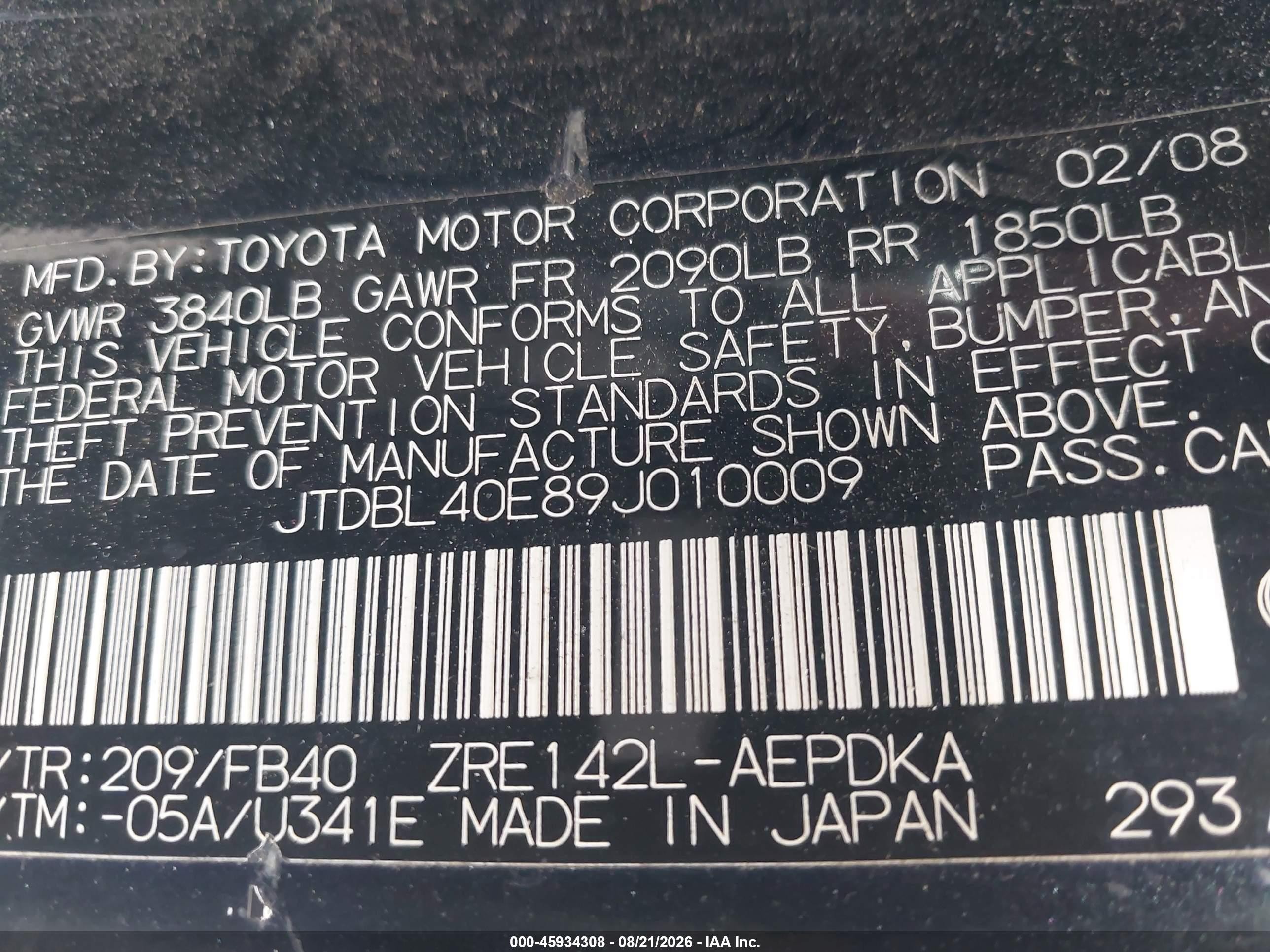 2009 Toyota Corolla Le Черный vin: JTDBL40E89J010009
