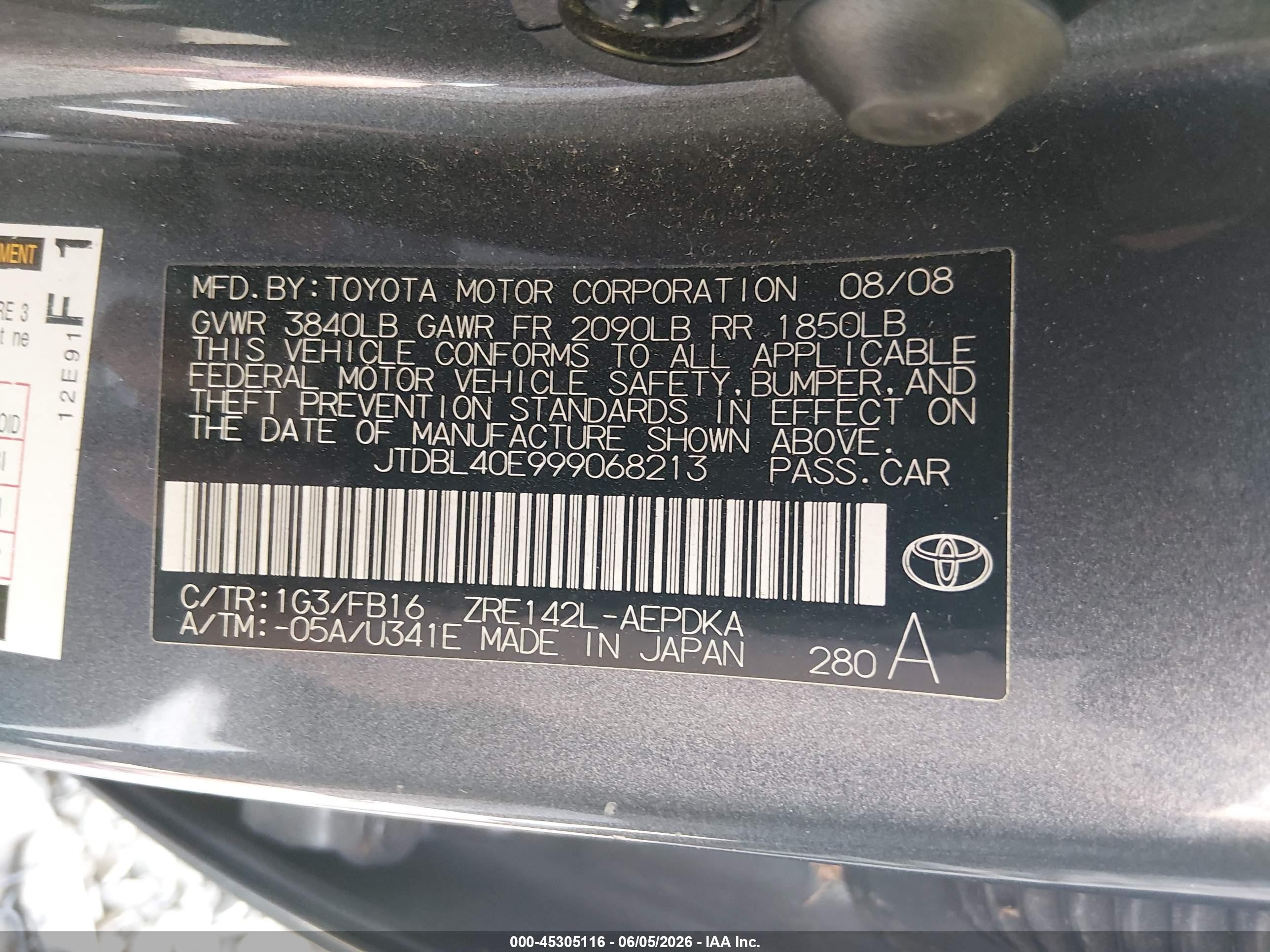 2009 Toyota Corolla Le Gray vin: JTDBL40E999068213
