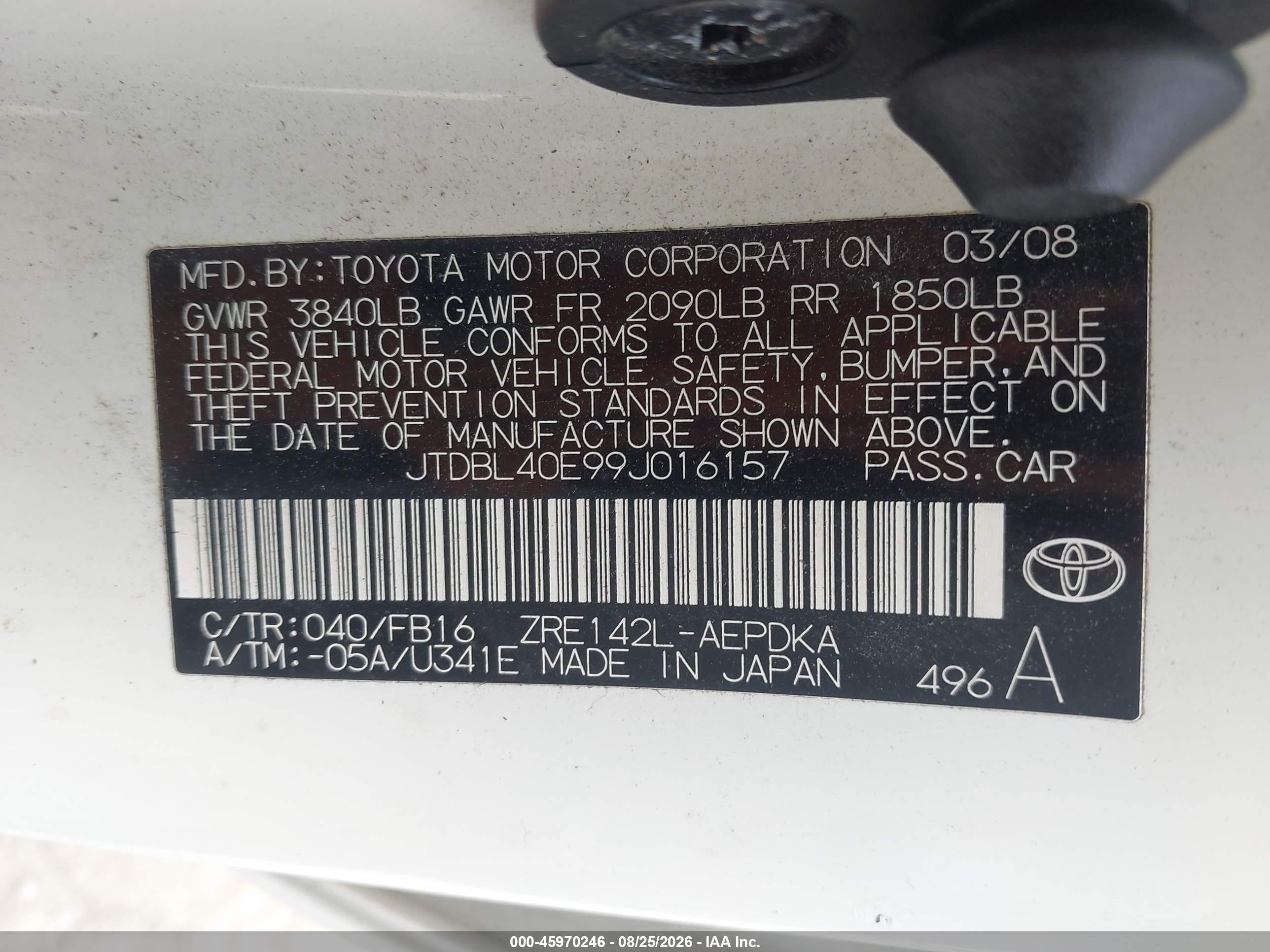 2009 Toyota Corolla Le Белый vin: JTDBL40E99J016157