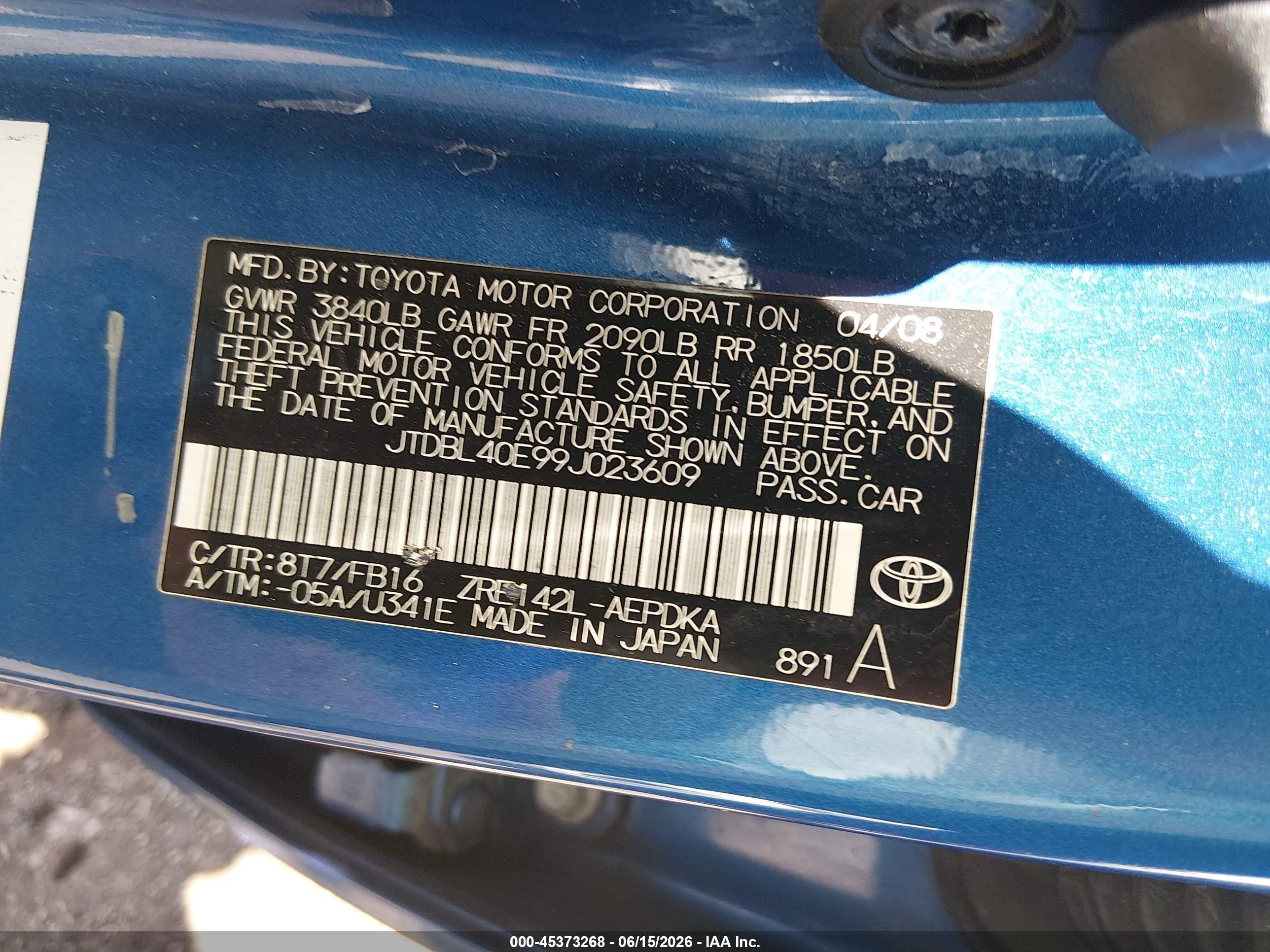 2009 Toyota Corolla Le Blue vin: JTDBL40E99J023609