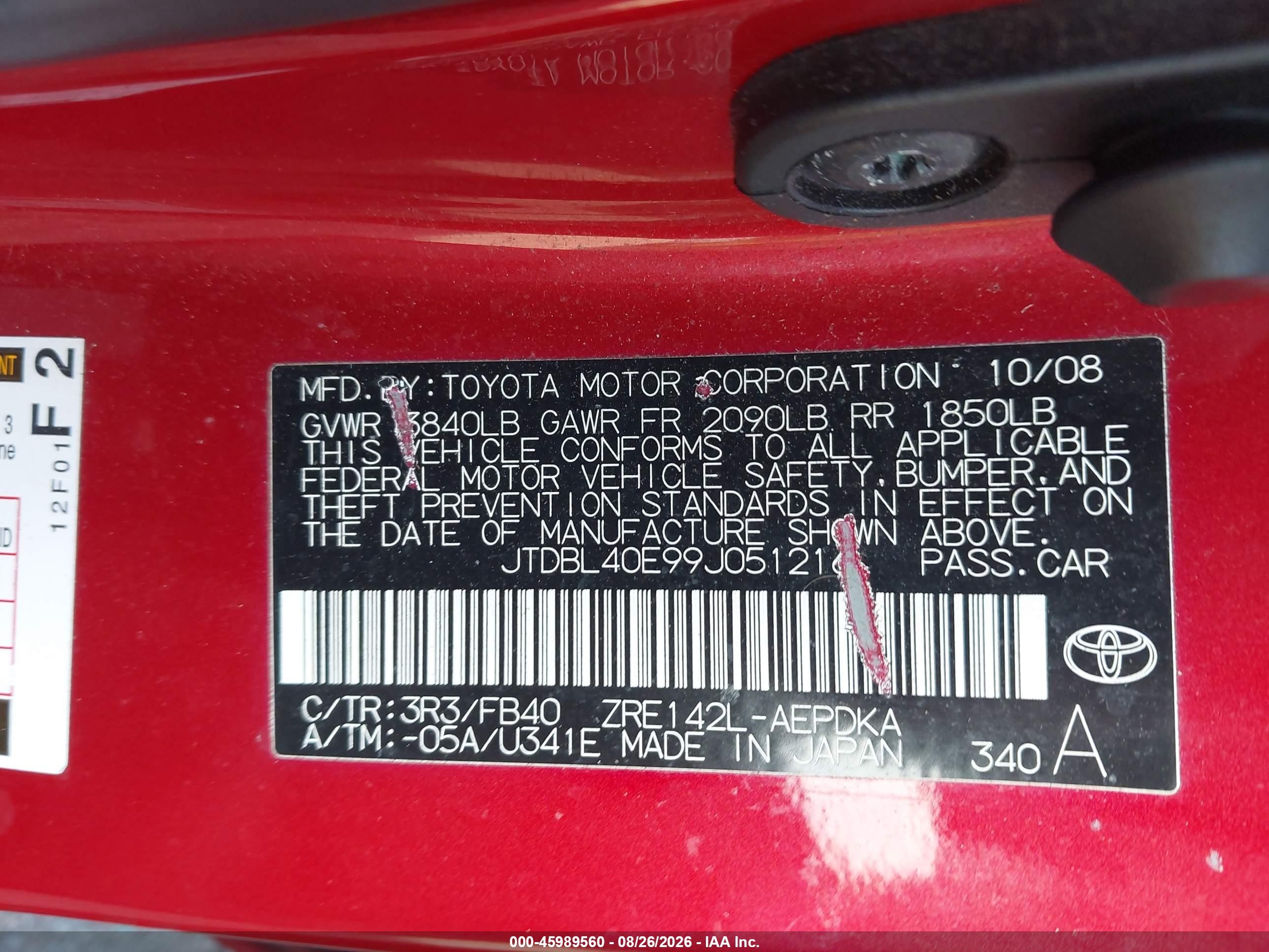 2009 Toyota Corolla Le Красный vin: JTDBL40E99J051216