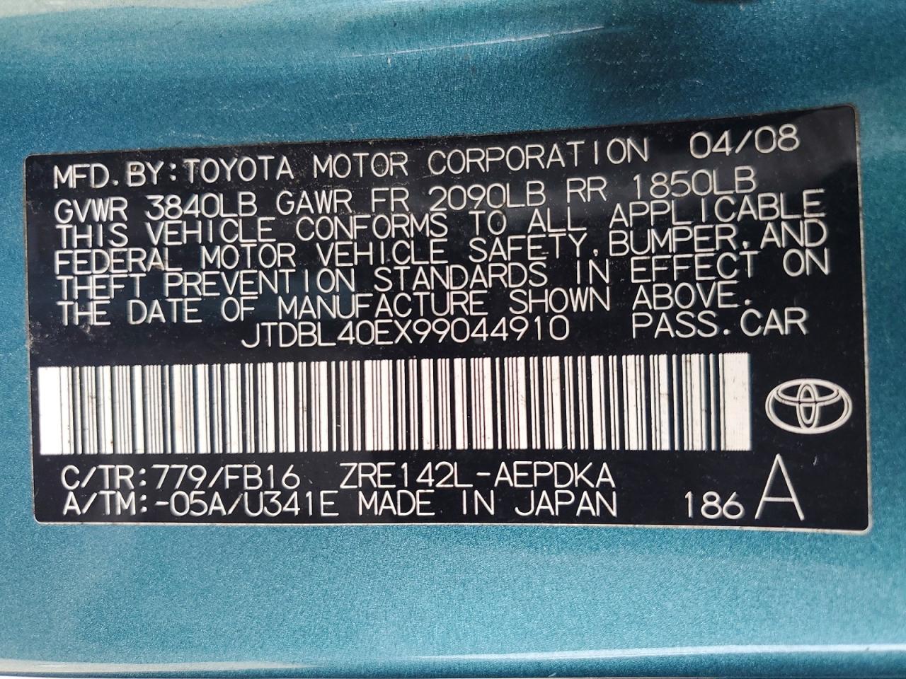2009 Toyota Corolla Base Teal vin: JTDBL40EX99044910