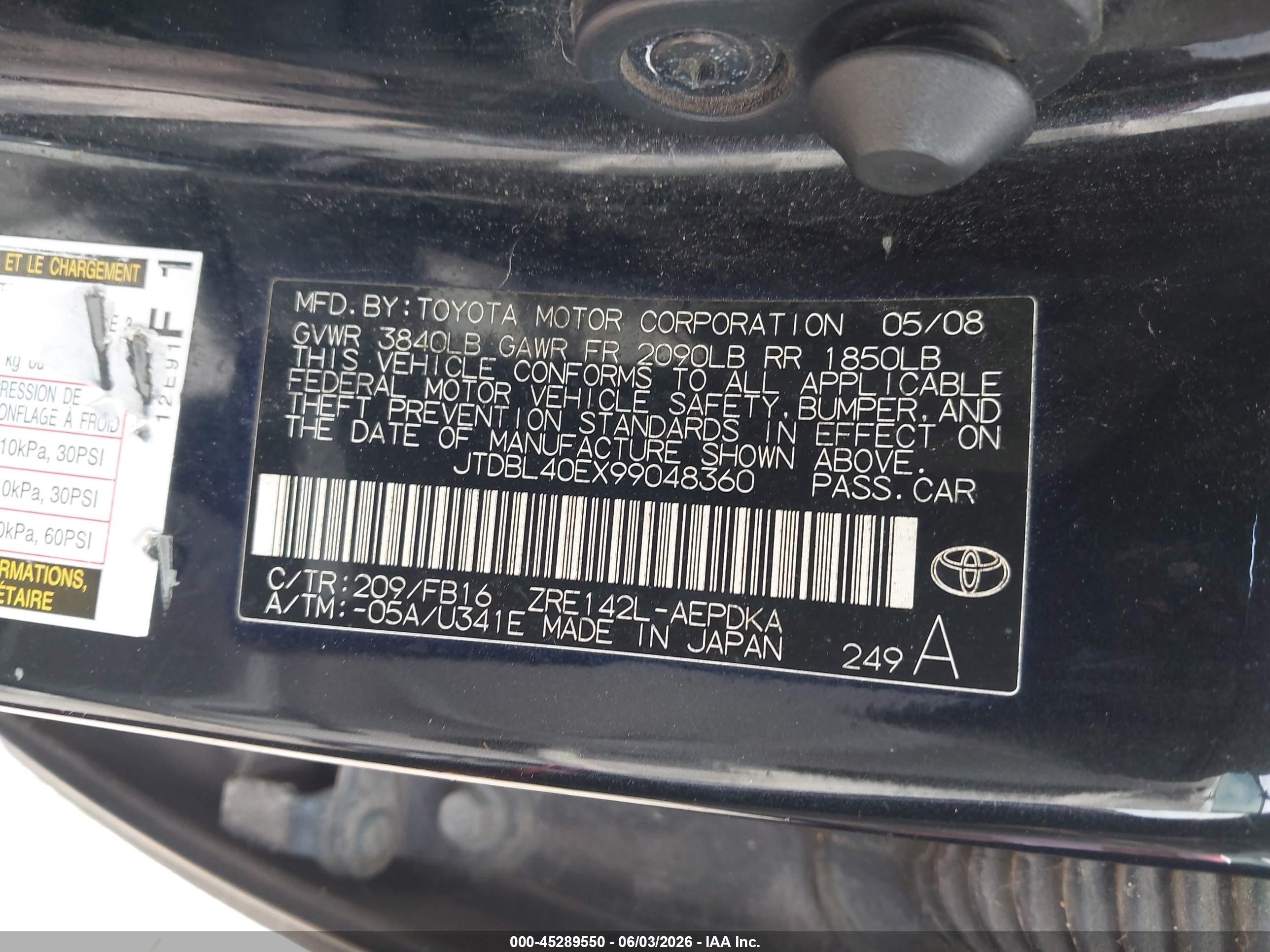 2009 Toyota Corolla Le Black vin: JTDBL40EX99048360
