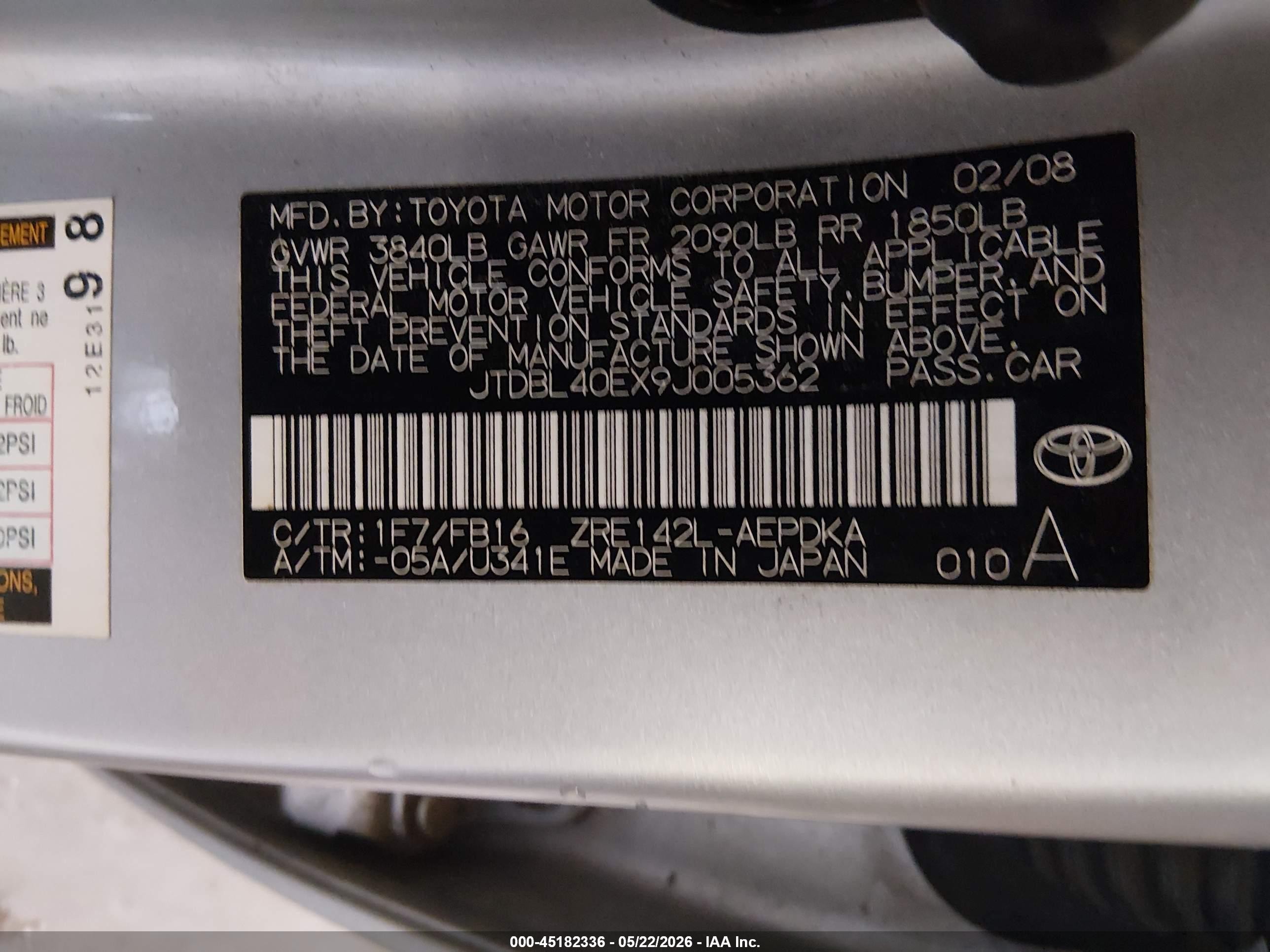 2009 Toyota Corolla Le Silver vin: JTDBL40EX9J005362