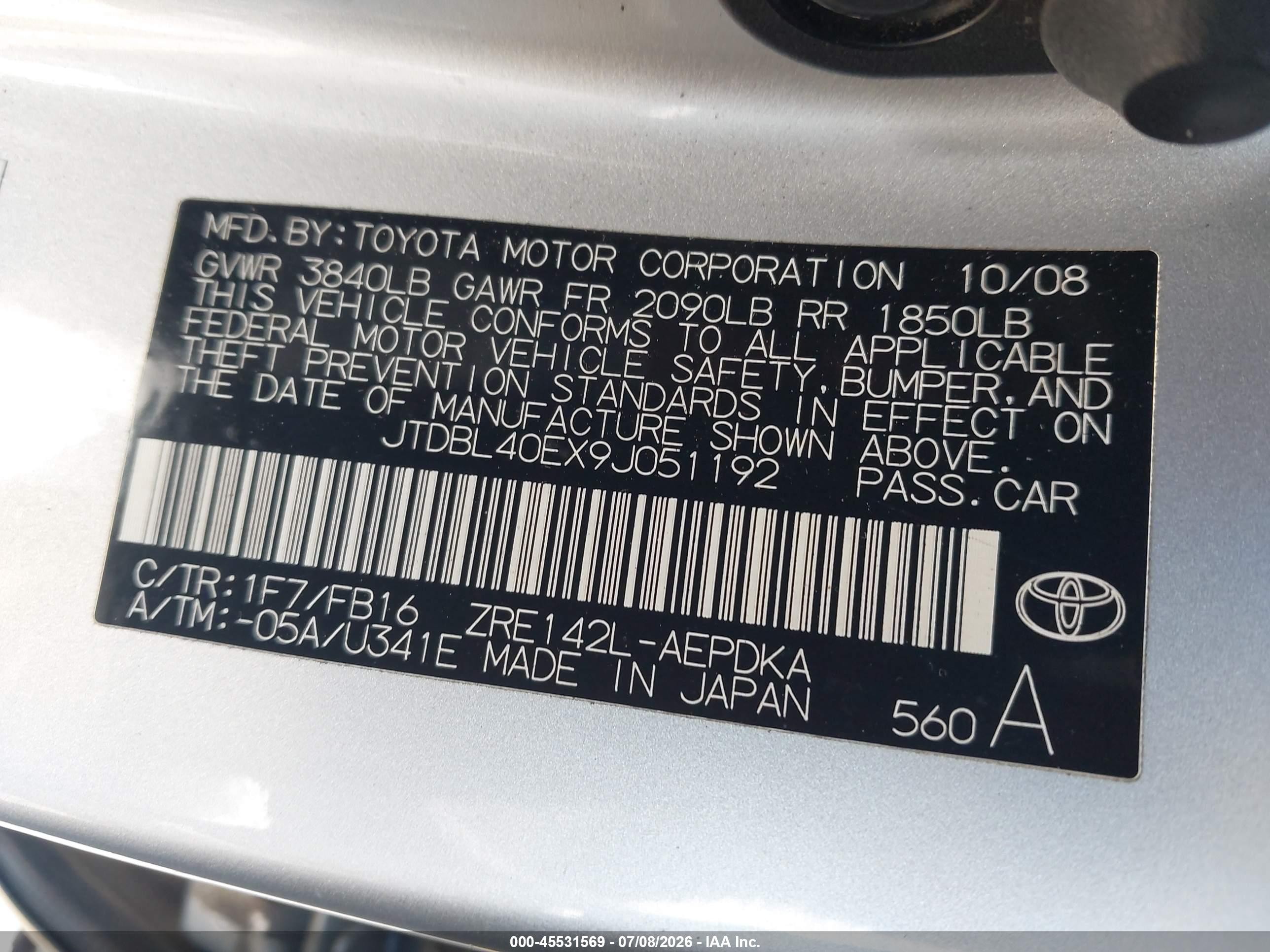 2009 Toyota Corolla Le Silver vin: JTDBL40EX9J051192