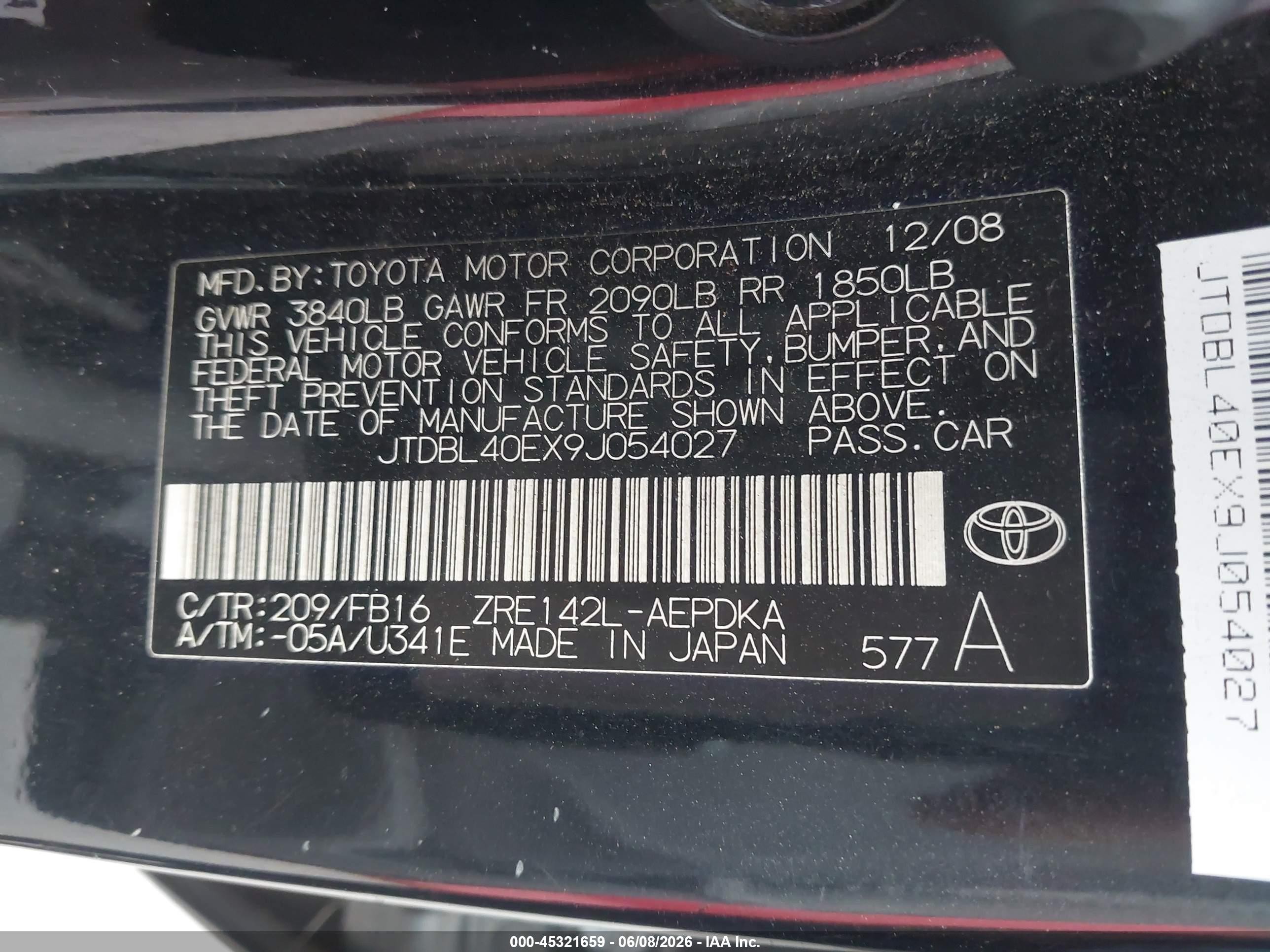 2009 Toyota Corolla Black vin: JTDBL40EX9J054027
