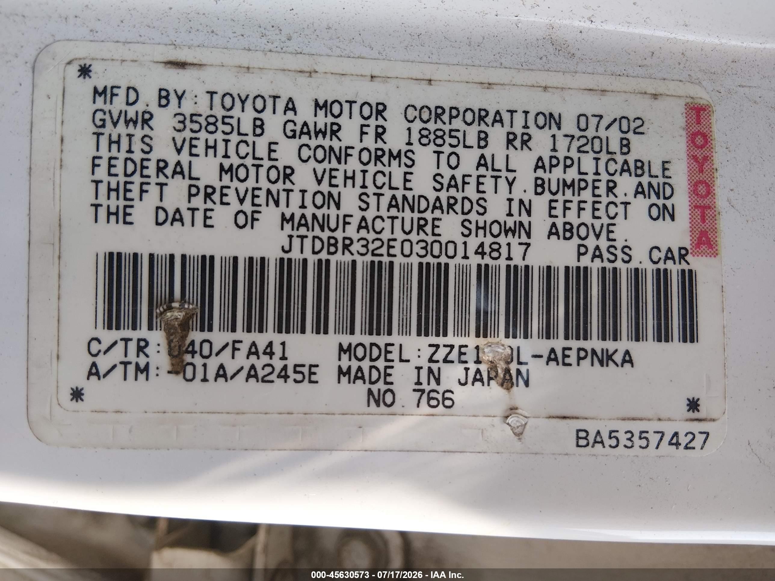 2003 Toyota Corolla Le White vin: JTDBR32E030014817