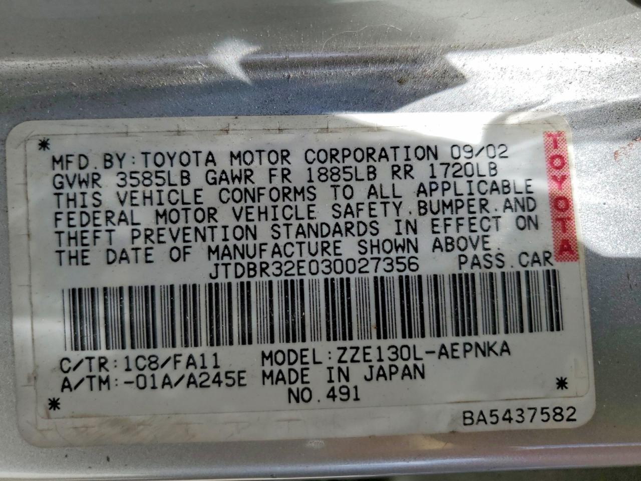 2003 Toyota Corolla Le Silver vin: JTDBR32E030027356