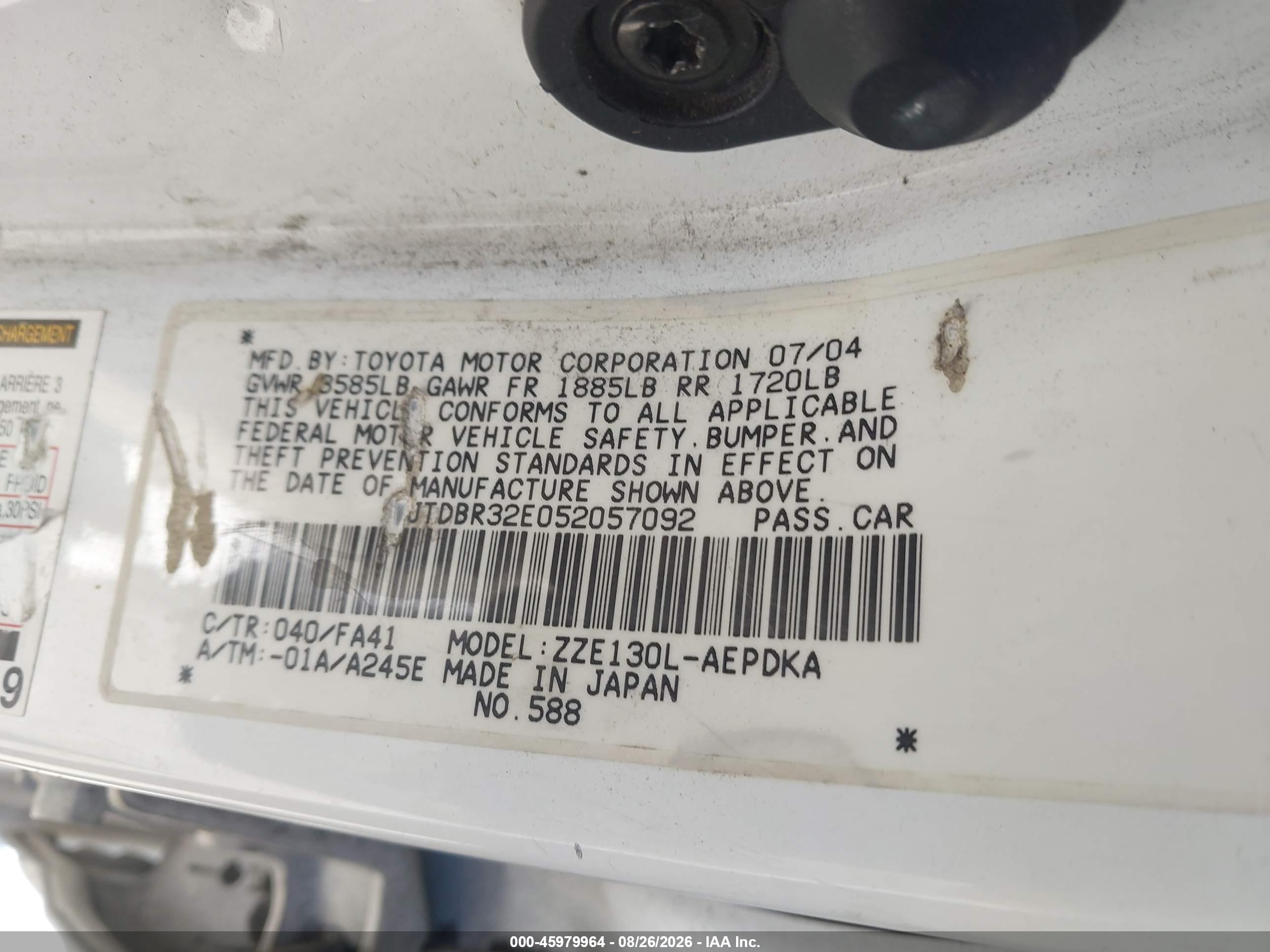 2005 Toyota Corolla Ce White vin: JTDBR32E052057092