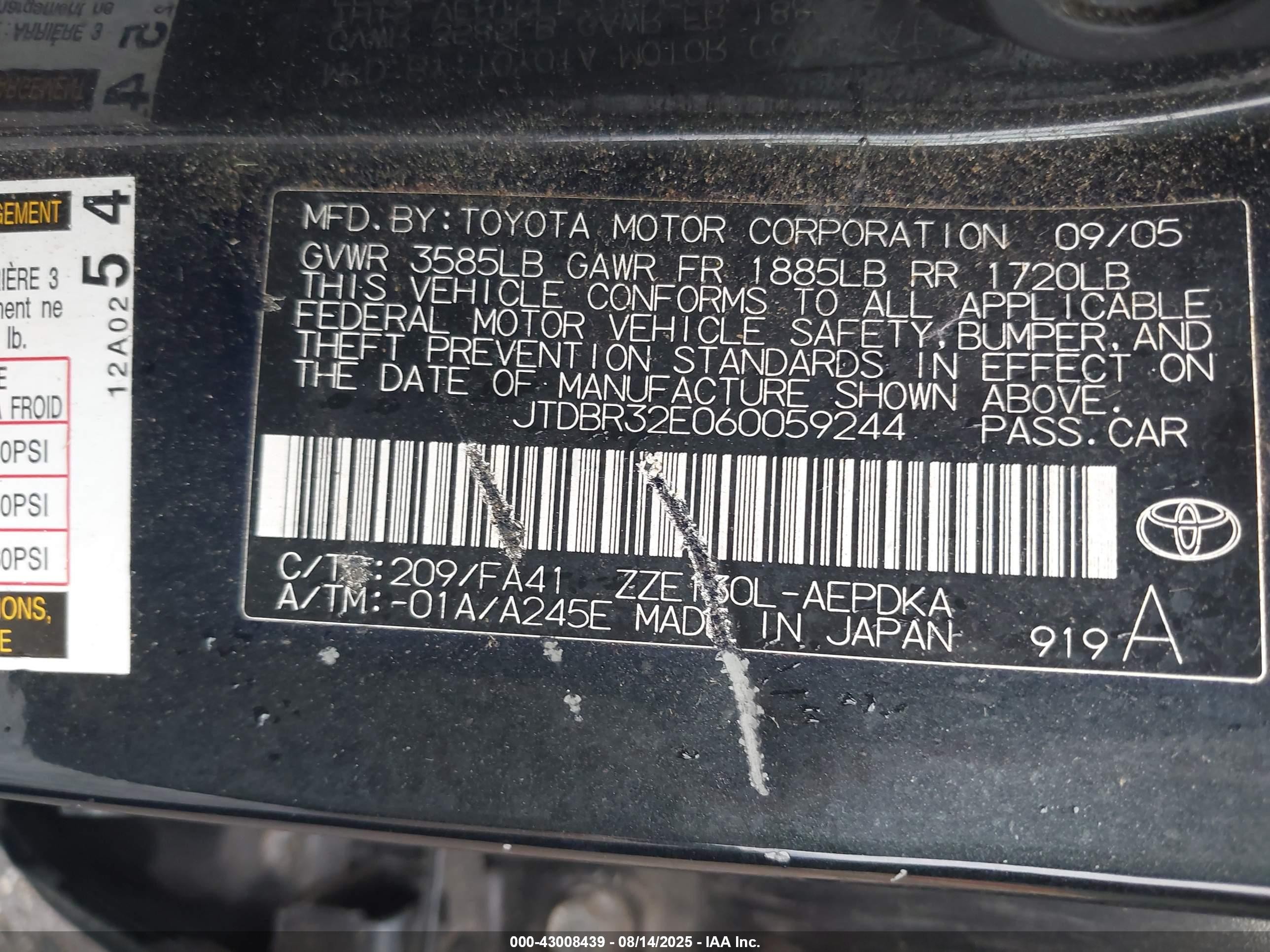 2006 Toyota Corolla Ce Black vin: JTDBR32E060059244