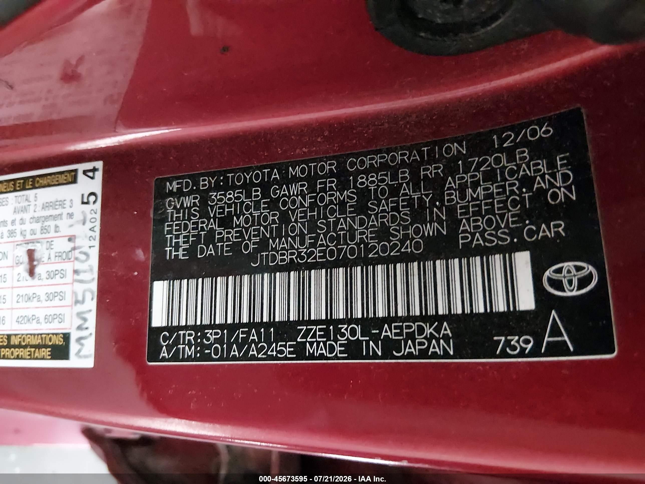 2007 Toyota Corolla Ce Red vin: JTDBR32E070120240